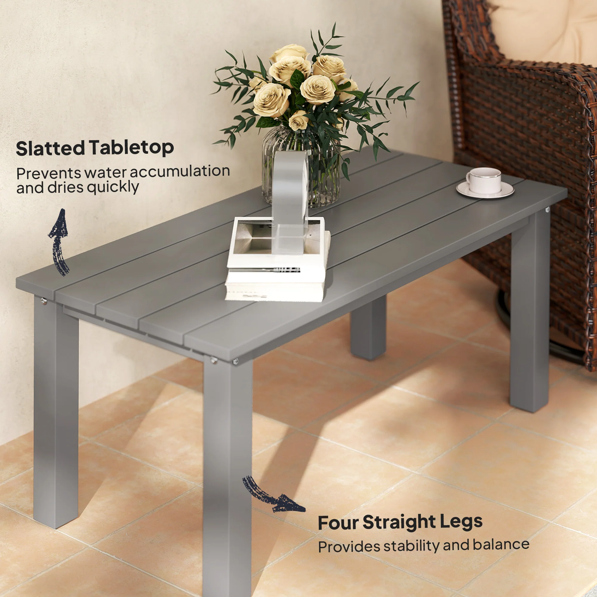 All-Weather HDPE Outdoor Coffee Table with Slatted Tabletop for Garden, Balcony, Backyard, Gray - Image 7