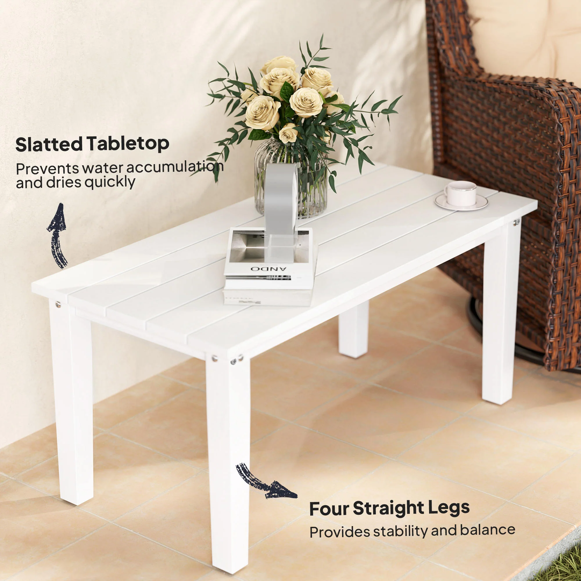 All-Weather HDPE Outdoor Coffee Table with Slatted Tabletop for Garden, Balcony, Backyard, White - Image 7