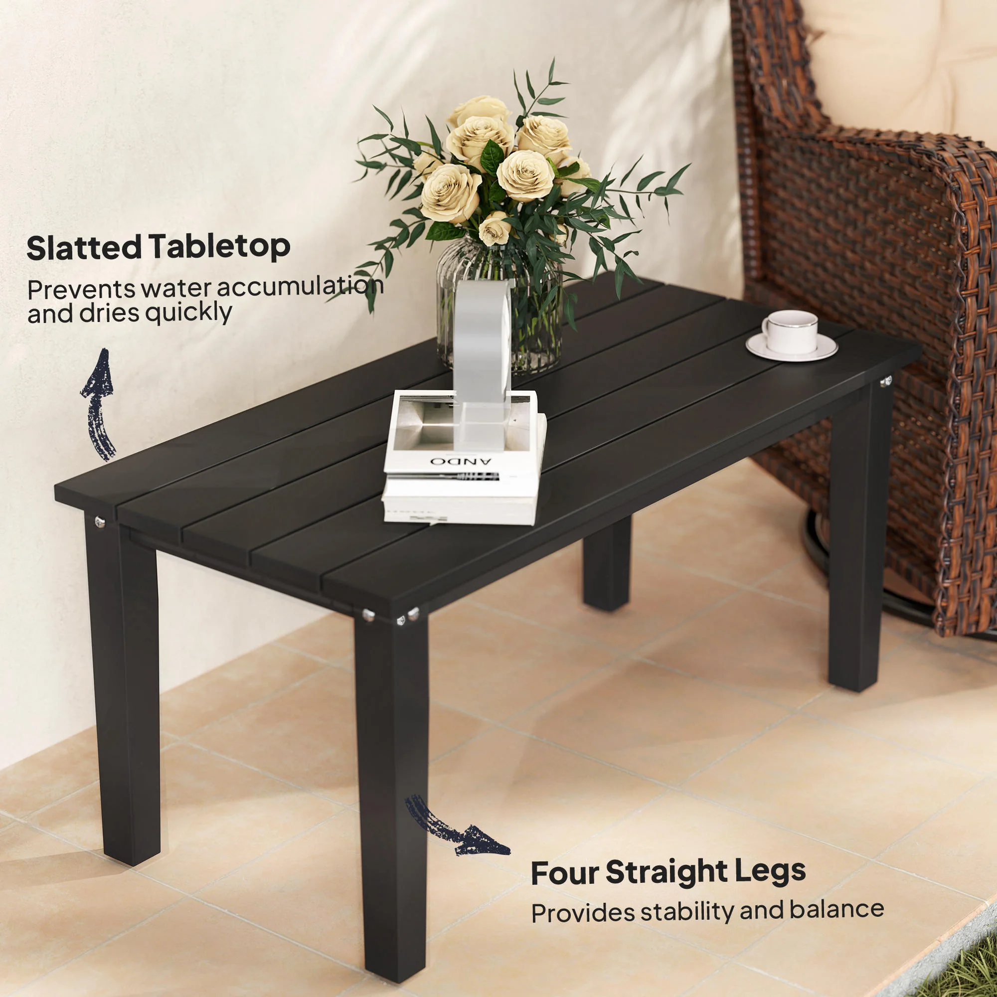 All-Weather HDPE Outdoor Coffee Table with Slatted Tabletop for Garden, Balcony, Backyard, Black - Image 7