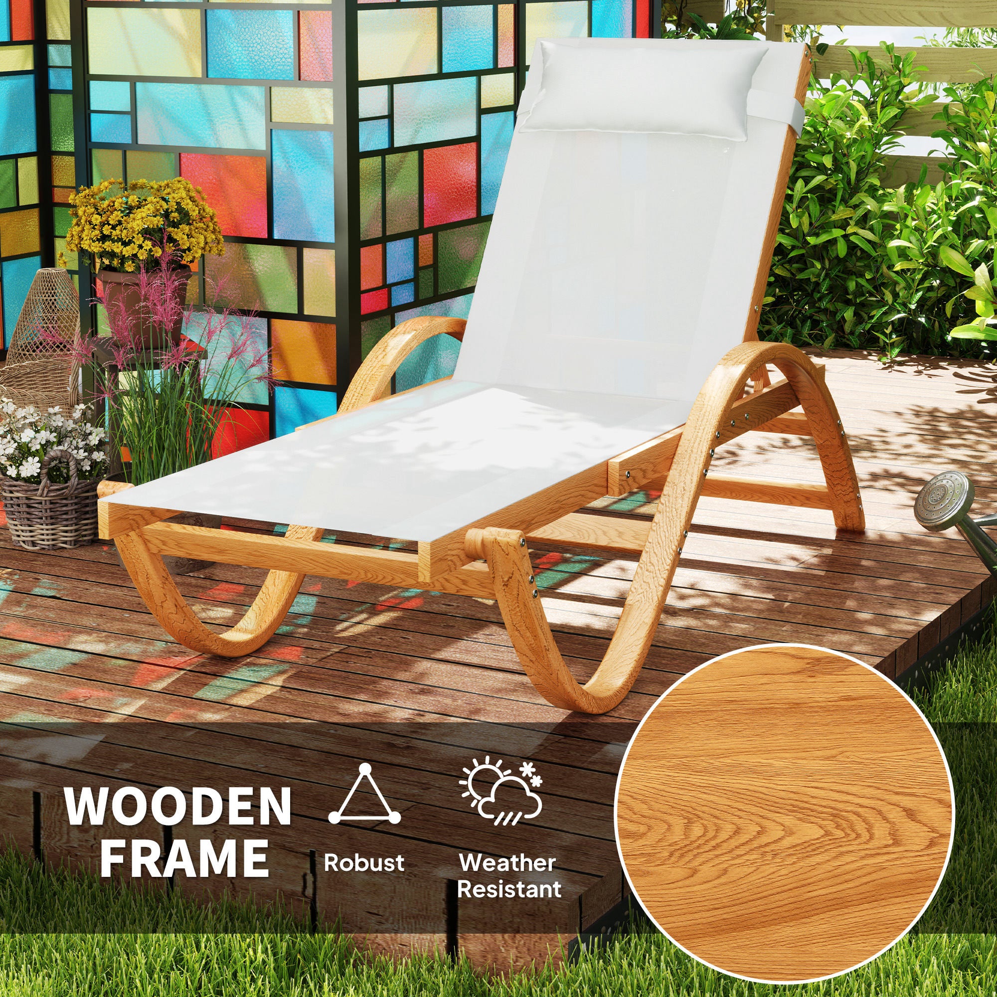 Larch Wood Patio Chaise, 4-Level Adjustable Sun Lounger with Mesh Seat, Cream White - Image 9