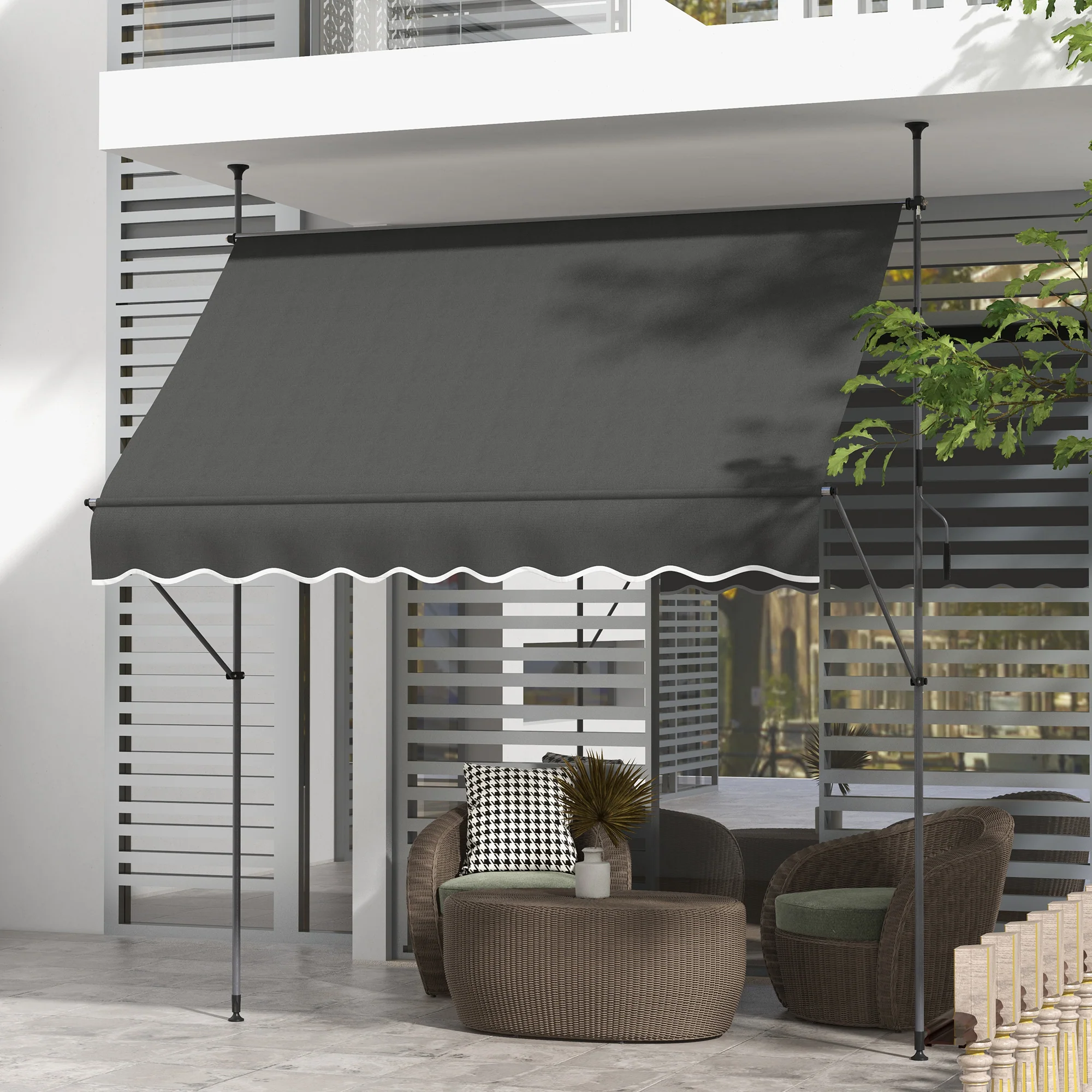 8' x 4' Manual Retractable Awning with Non-Screw Installation, UV-Resistant, Dark Gray - Image 3