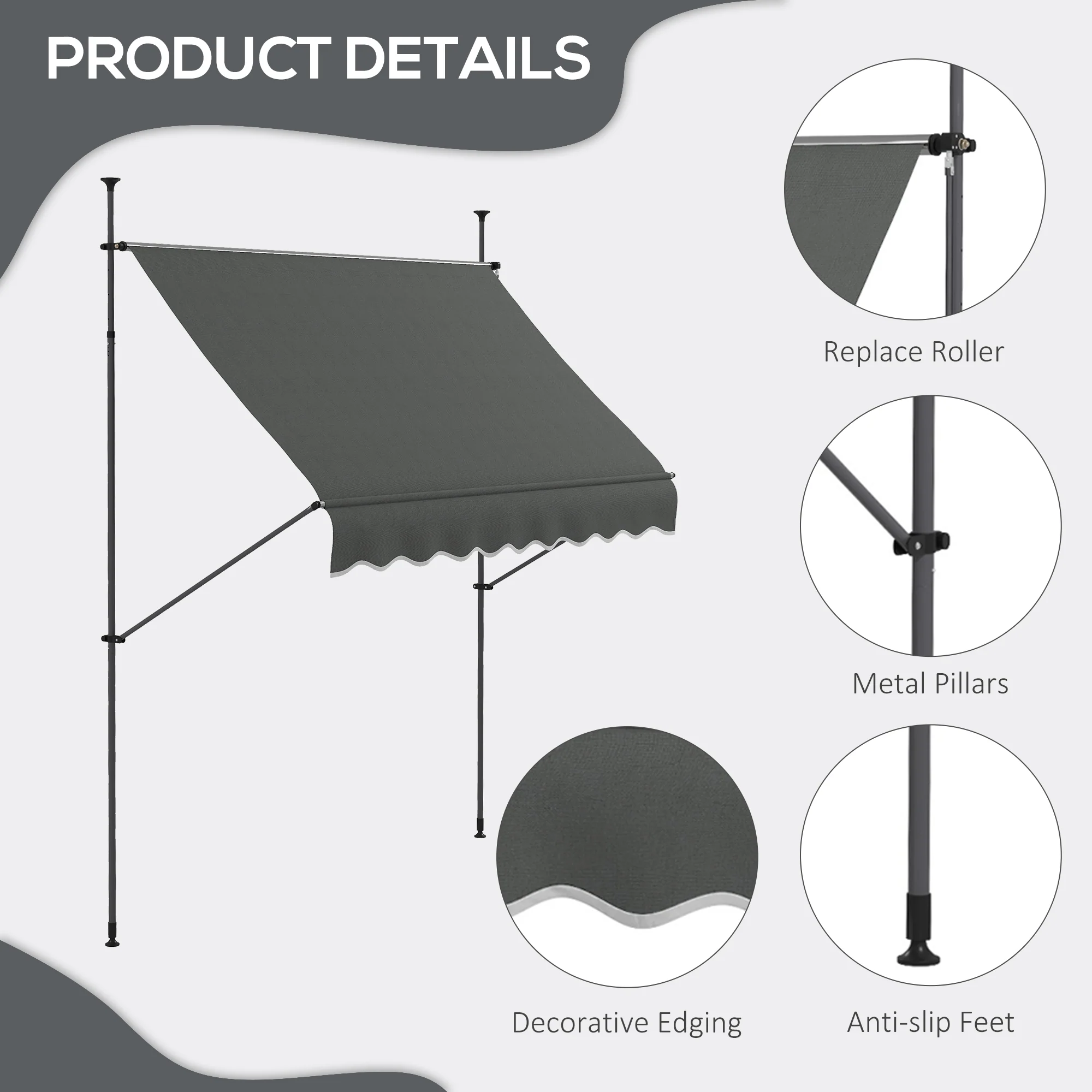 8' x 4' Manual Retractable Awning with Non-Screw Installation, UV-Resistant, Dark Gray - Image 9