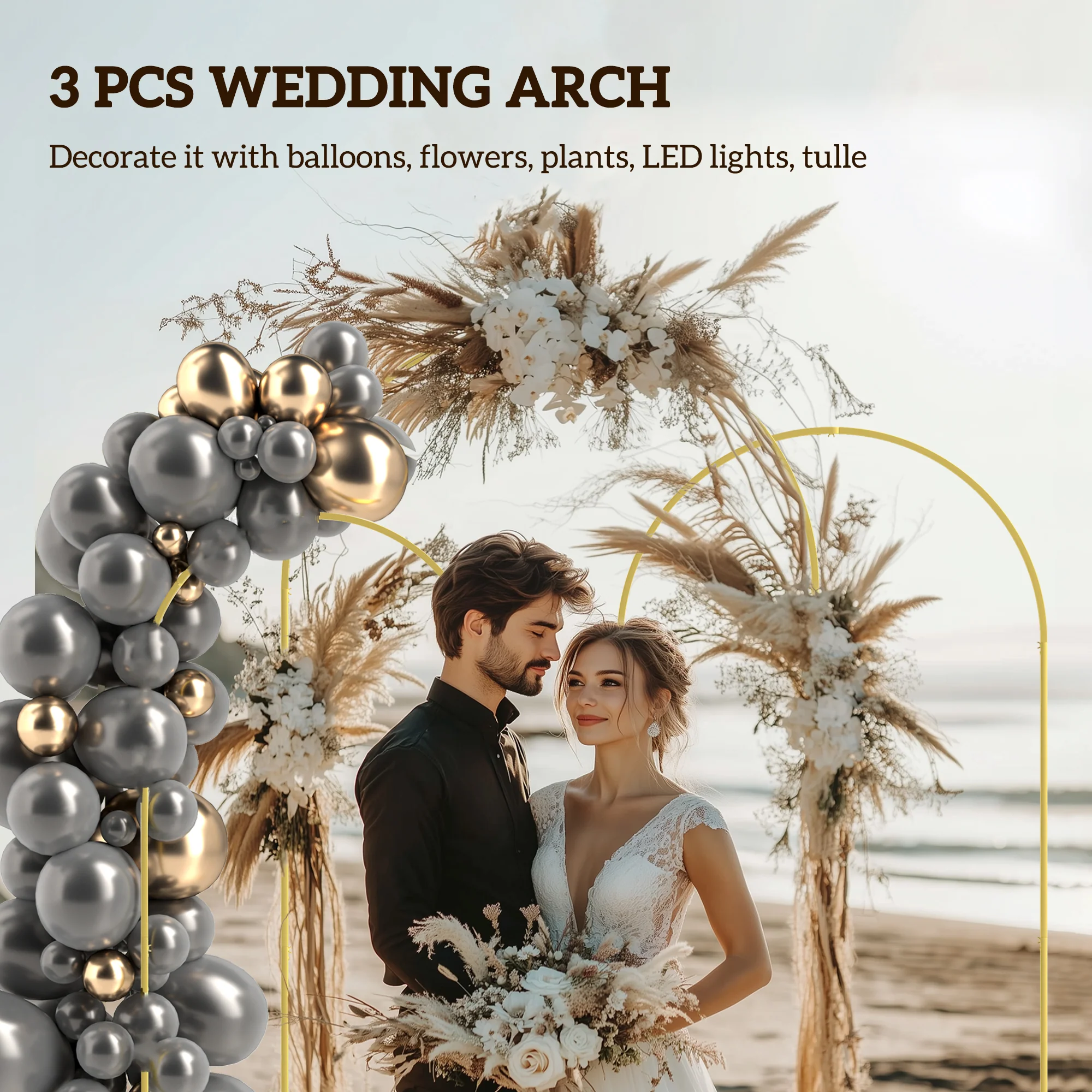 7/6.5/6ft 3-Piece Metal Arch Stand Set for Weddings & Parties, Gold - Image 6