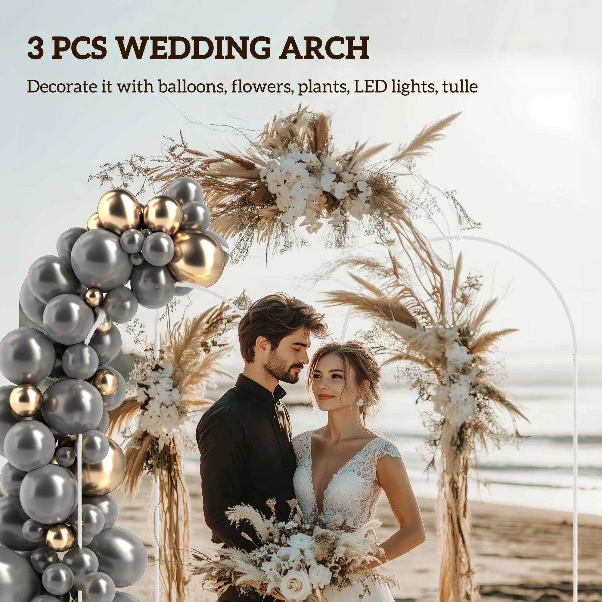 7/6.5/6ft Metal Wedding Arch Frame Backdrop Stand Set of 3, White - Image 6
