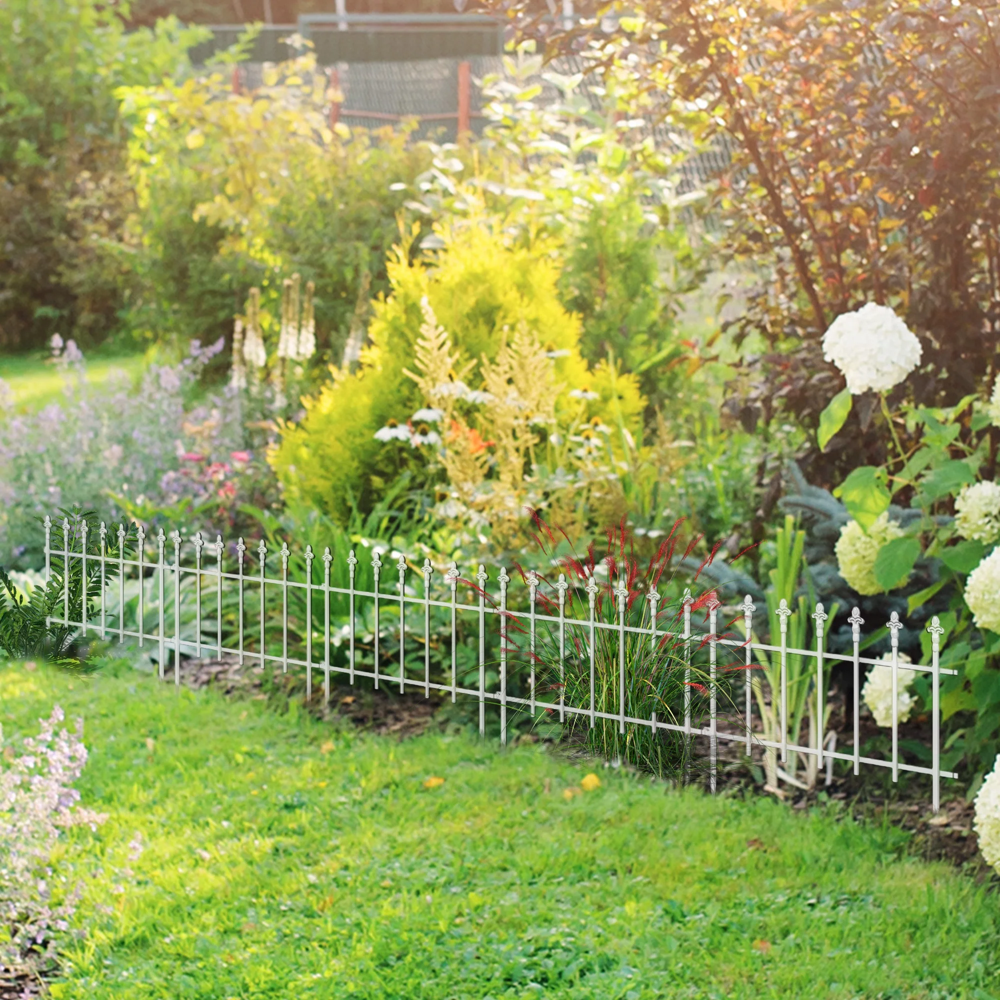 9.2' x 17.25" Decorative Garden Fence, 5 Steel Panels Set for Flower Beds & Animals, White - Image 3