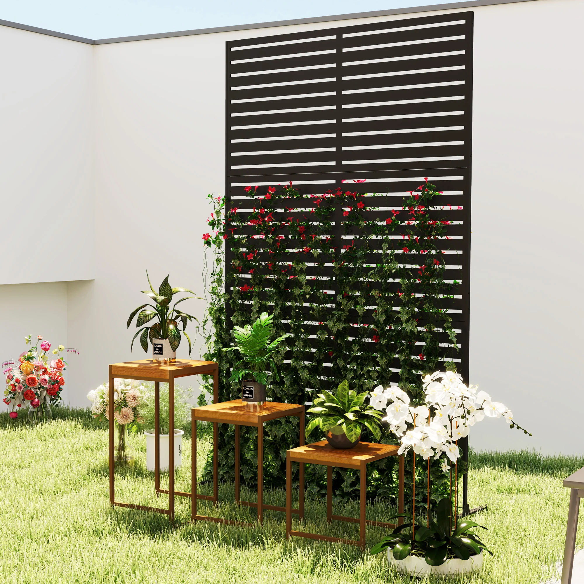 78"x 48" Metal Outdoor Privacy Screen with Stand for Climbing Plants, Black - Image 10