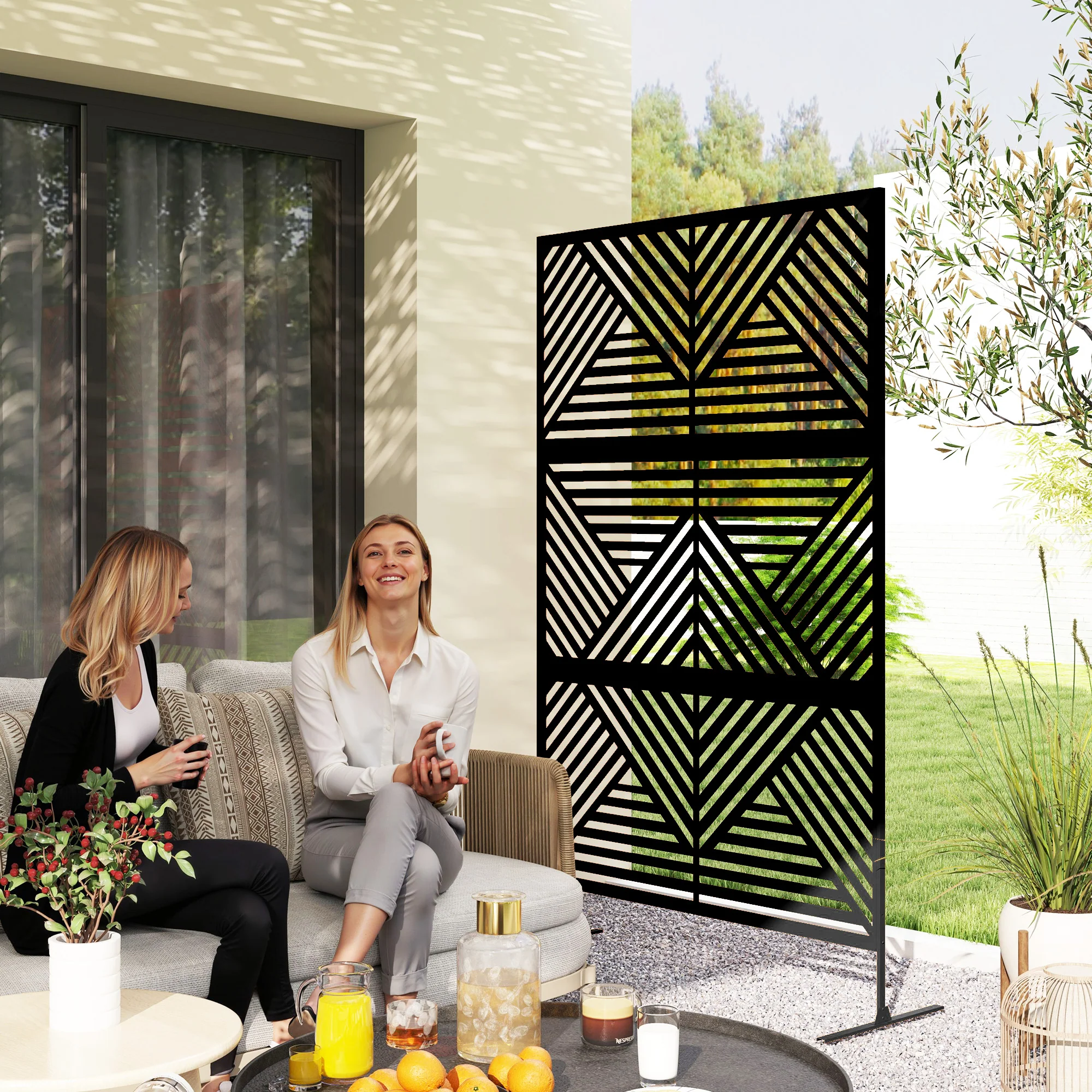 78" x 48" Metal Outdoor Privacy Screen with Stand, Rhombus Black Climbing Plant Trellis - Image 3