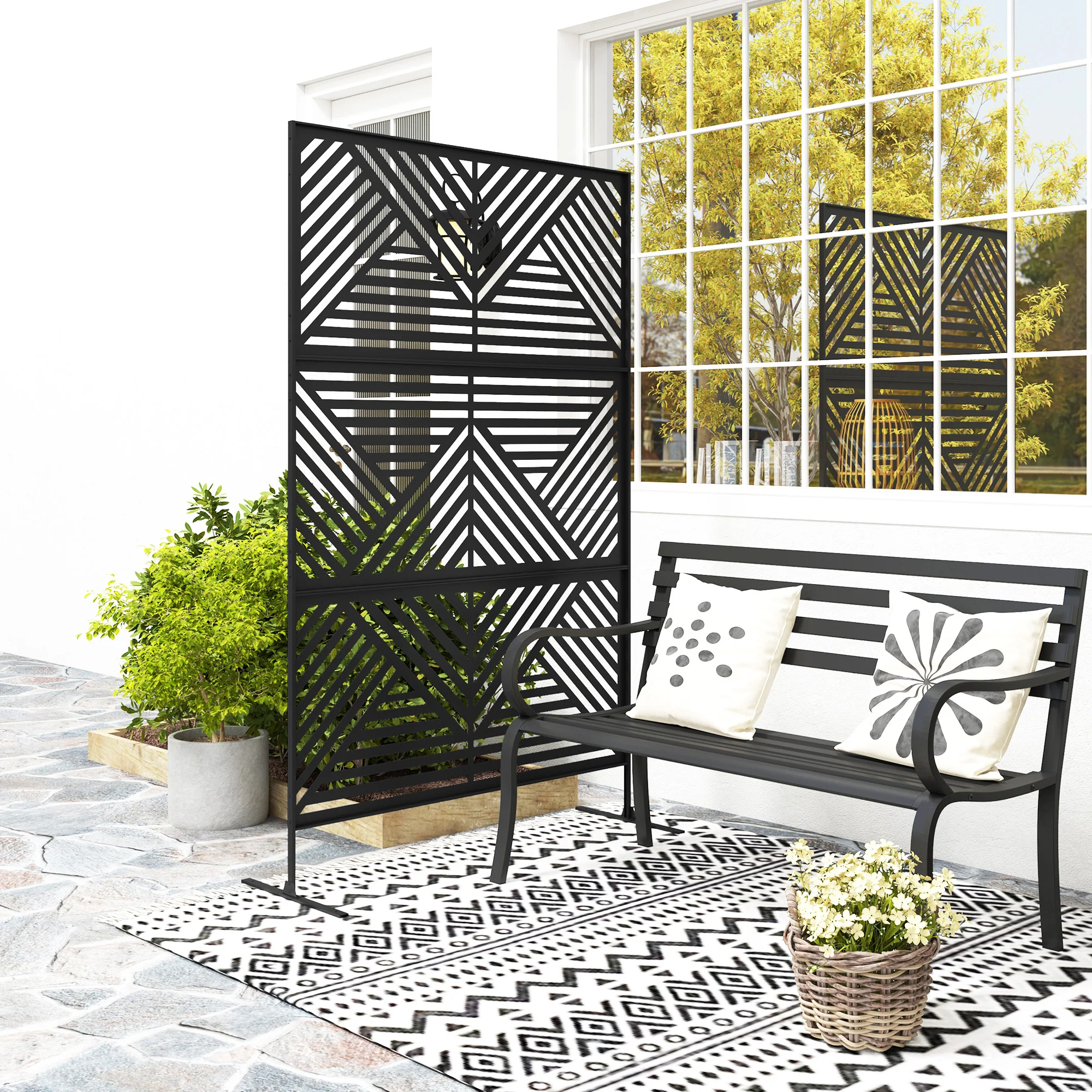 78" x 48" Metal Outdoor Privacy Screen with Stand, Rhombus Black Climbing Plant Trellis - Image 4