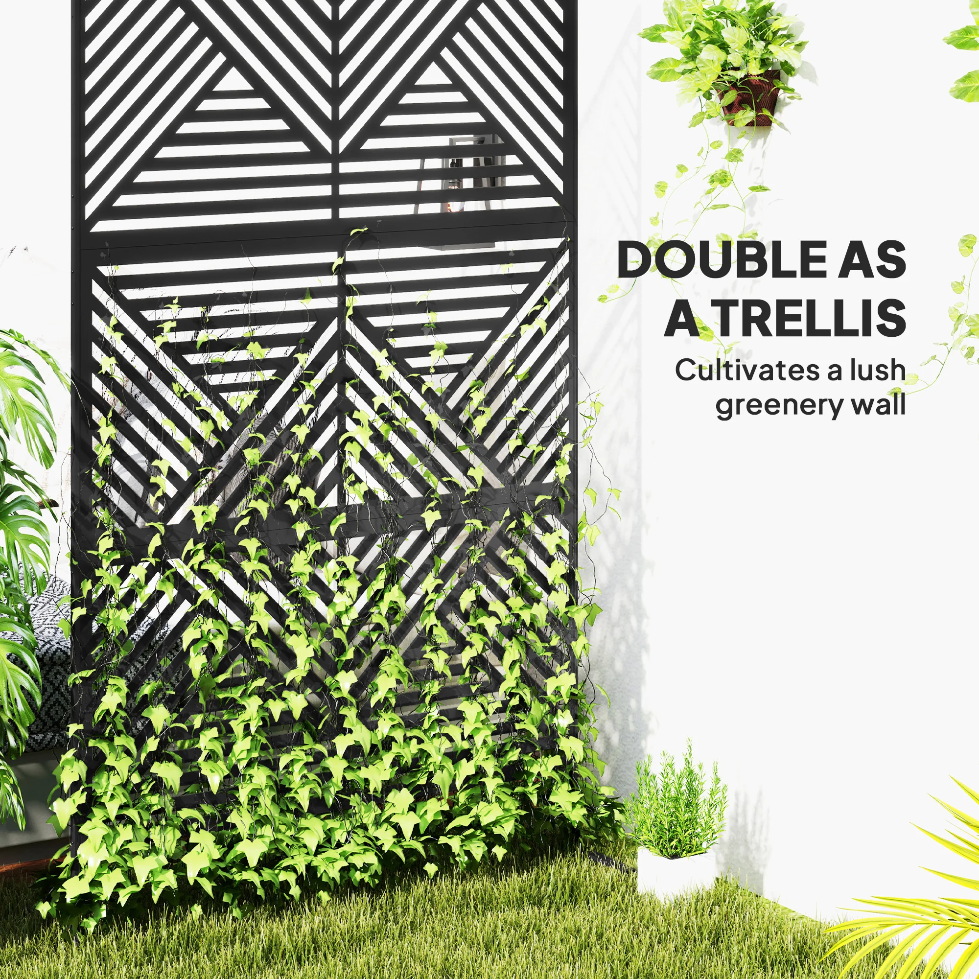 78" x 48" Metal Outdoor Privacy Screen with Stand, Rhombus Black Climbing Plant Trellis - Image 6