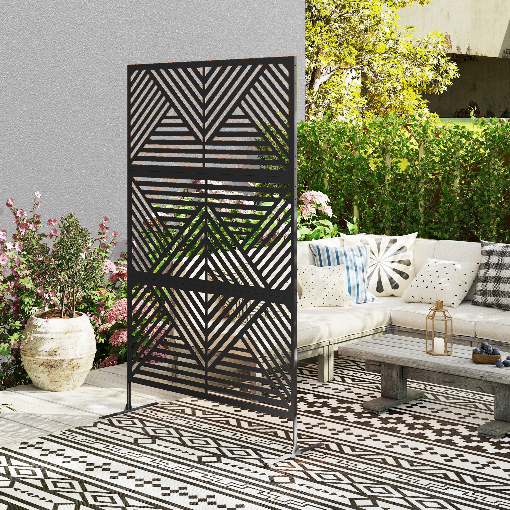 78" x 48" Metal Outdoor Privacy Screen with Stand, Rhombus Black Climbing Plant Trellis - Image 9