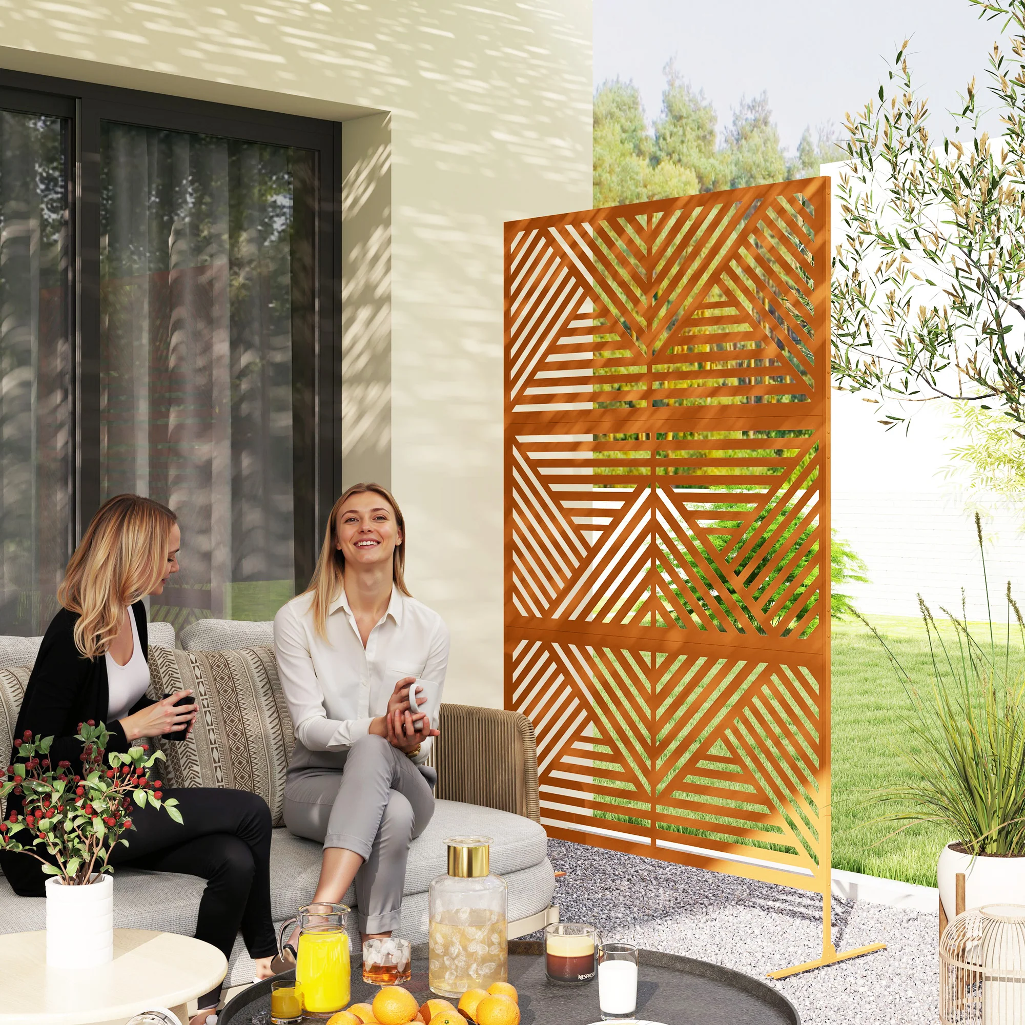 78" x 48" Metal Outdoor Privacy Screen with Stand, Rhombus Design Brown Climbing Plant Trellis - Image 3