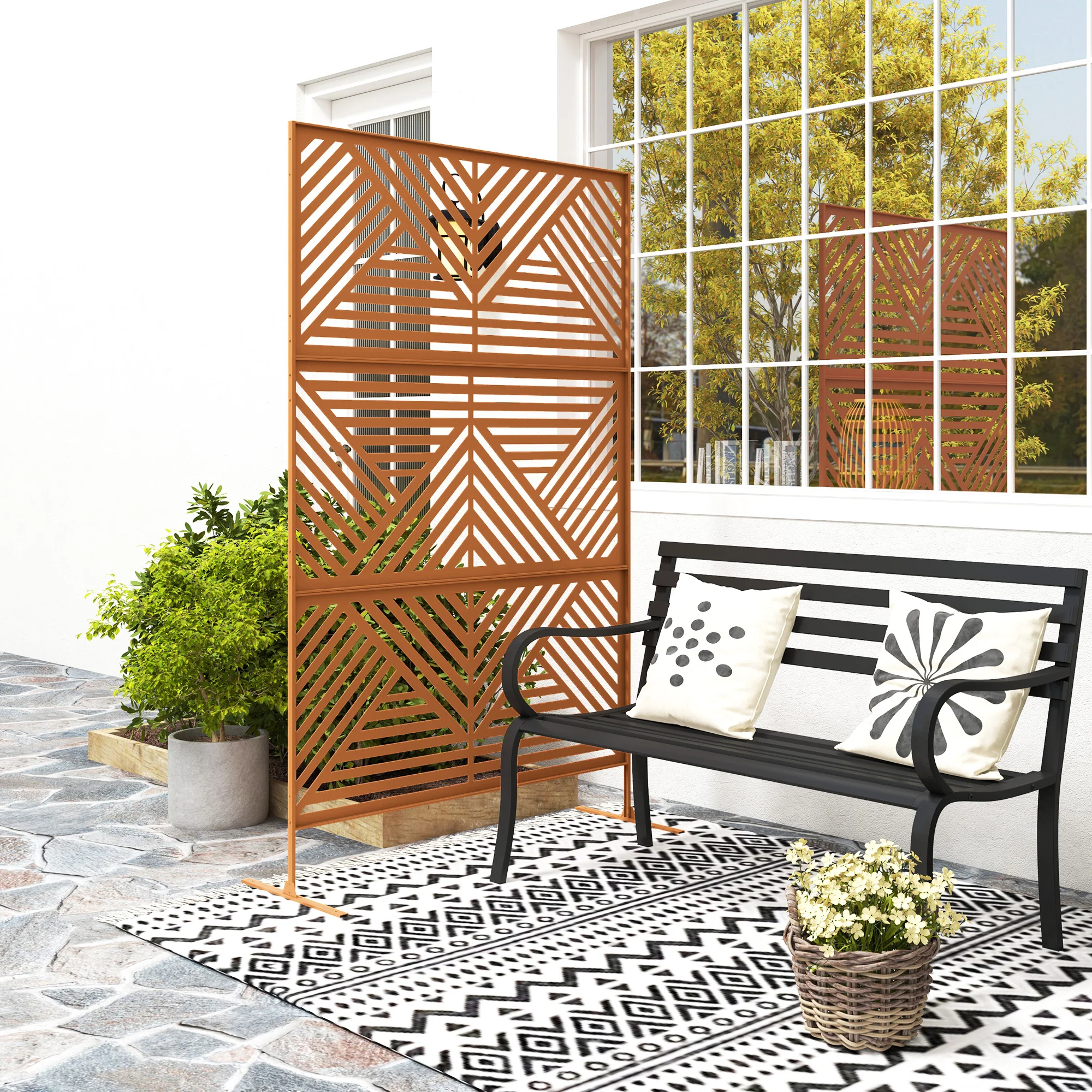 78" x 48" Metal Outdoor Privacy Screen with Stand, Rhombus Design Brown Climbing Plant Trellis - Image 4