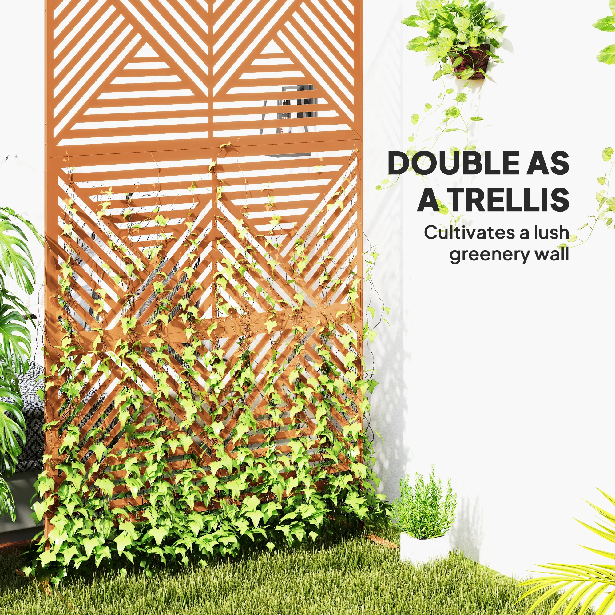 78" x 48" Metal Outdoor Privacy Screen with Stand, Rhombus Design Brown Climbing Plant Trellis - Image 6