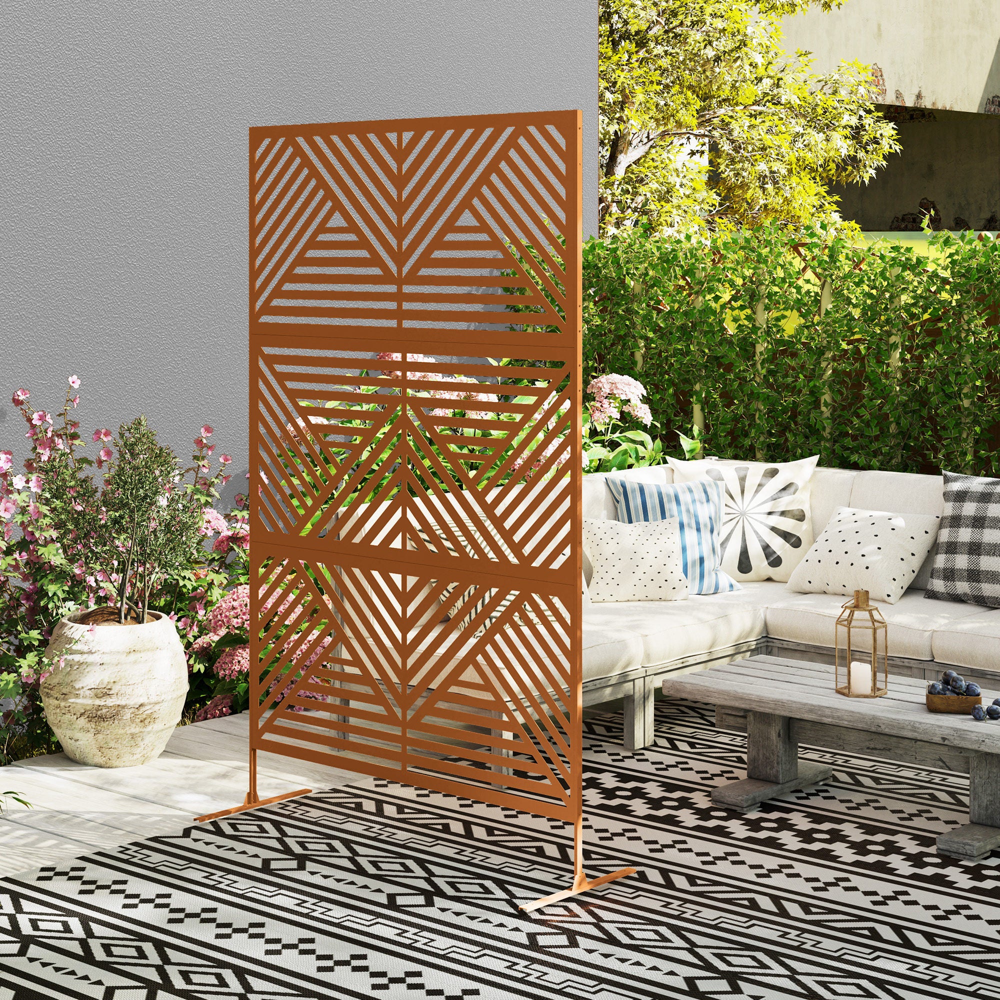 78" x 48" Metal Outdoor Privacy Screen with Stand, Rhombus Design Brown Climbing Plant Trellis - Image 9