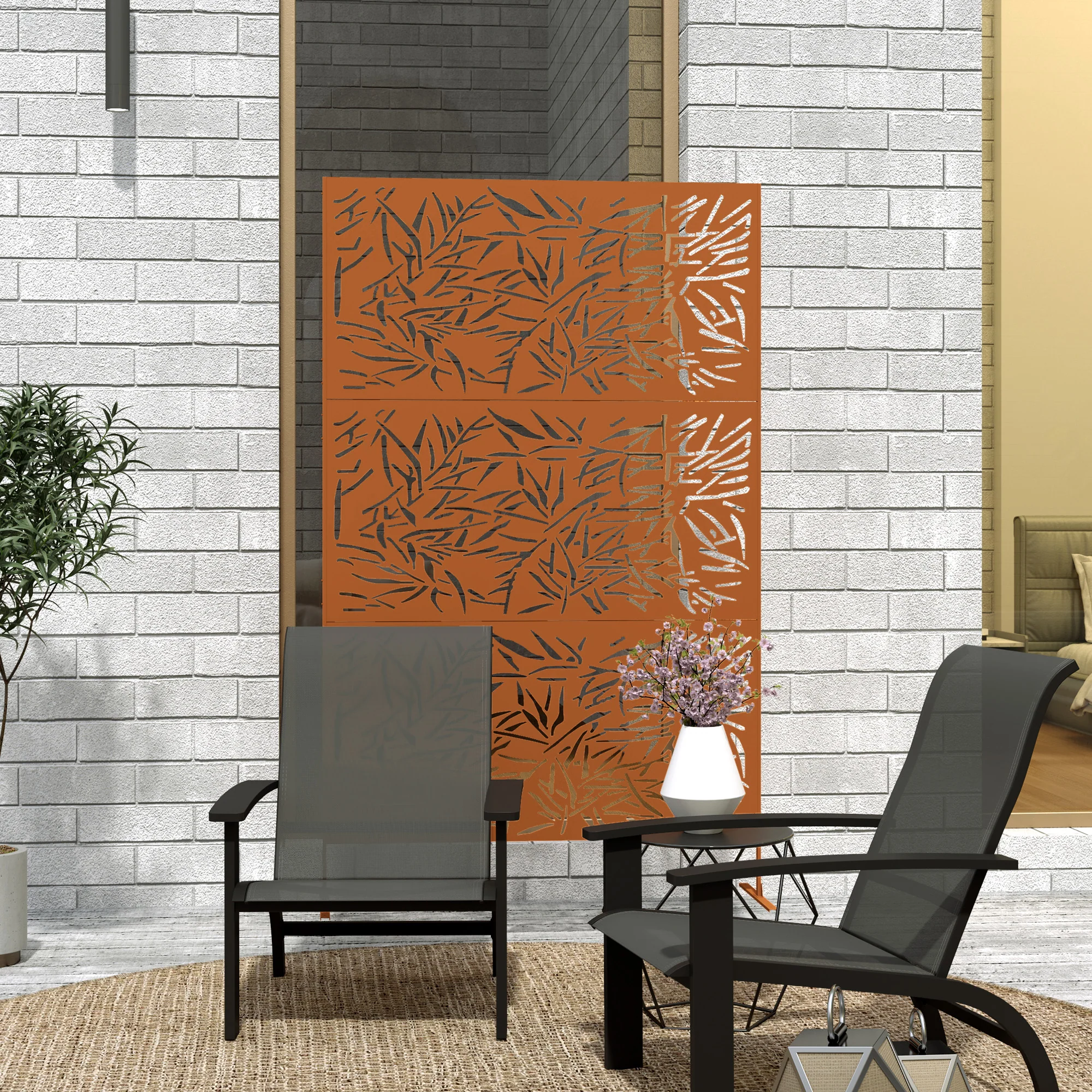 78" x 48" Metal Outdoor Privacy Screen with Climbing Plant Trellis and Stand, Bamboo Brown - Image 10