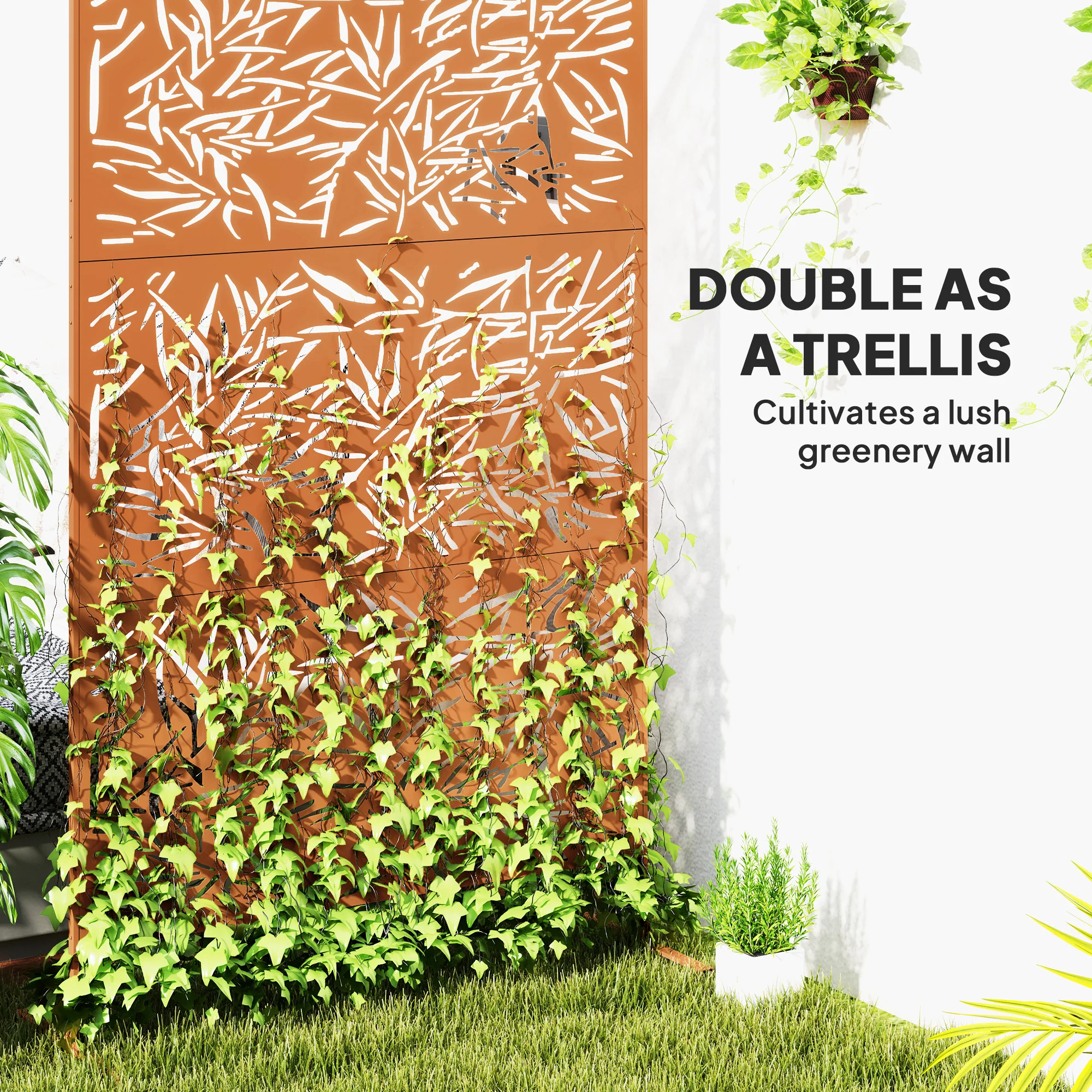 78" x 48" Metal Outdoor Privacy Screen with Climbing Plant Trellis and Stand, Bamboo Brown - Image 6