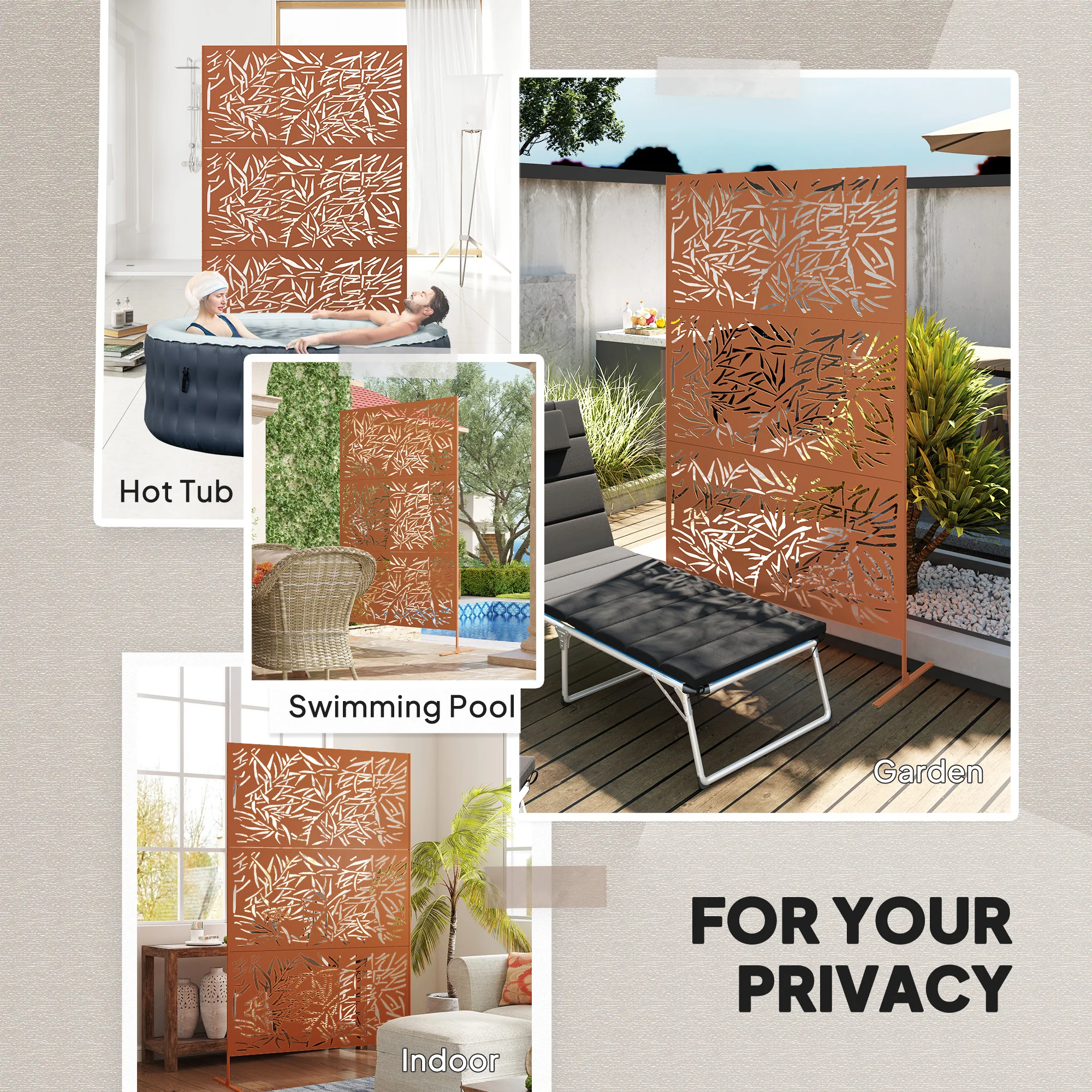 78" x 48" Metal Outdoor Privacy Screen with Climbing Plant Trellis and Stand, Bamboo Brown - Image 8