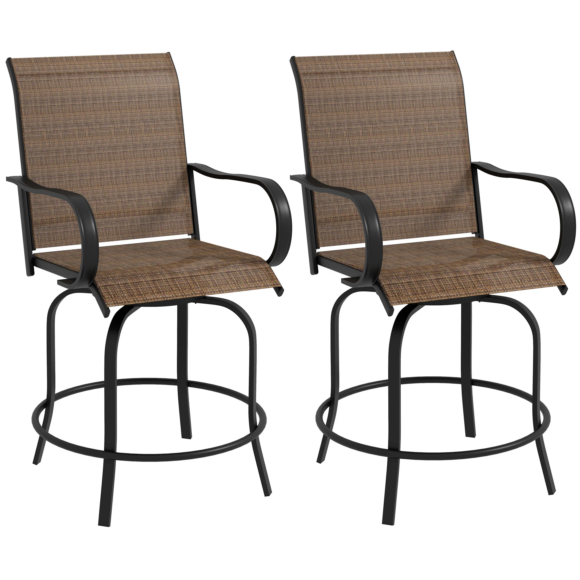 Set of 2 Outdoor Bar Stools with Armrests, 360 Degrees Swivel, Brown - Image 2