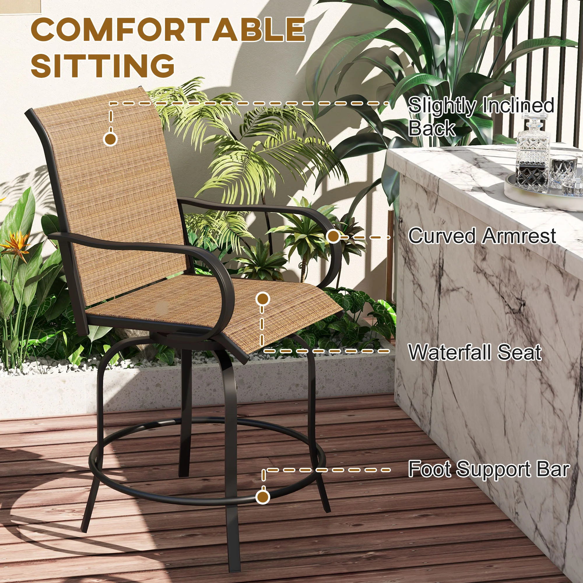 Set of 2 Outdoor Bar Stools with Armrests, 360 Degrees Swivel, Brown - Image 7