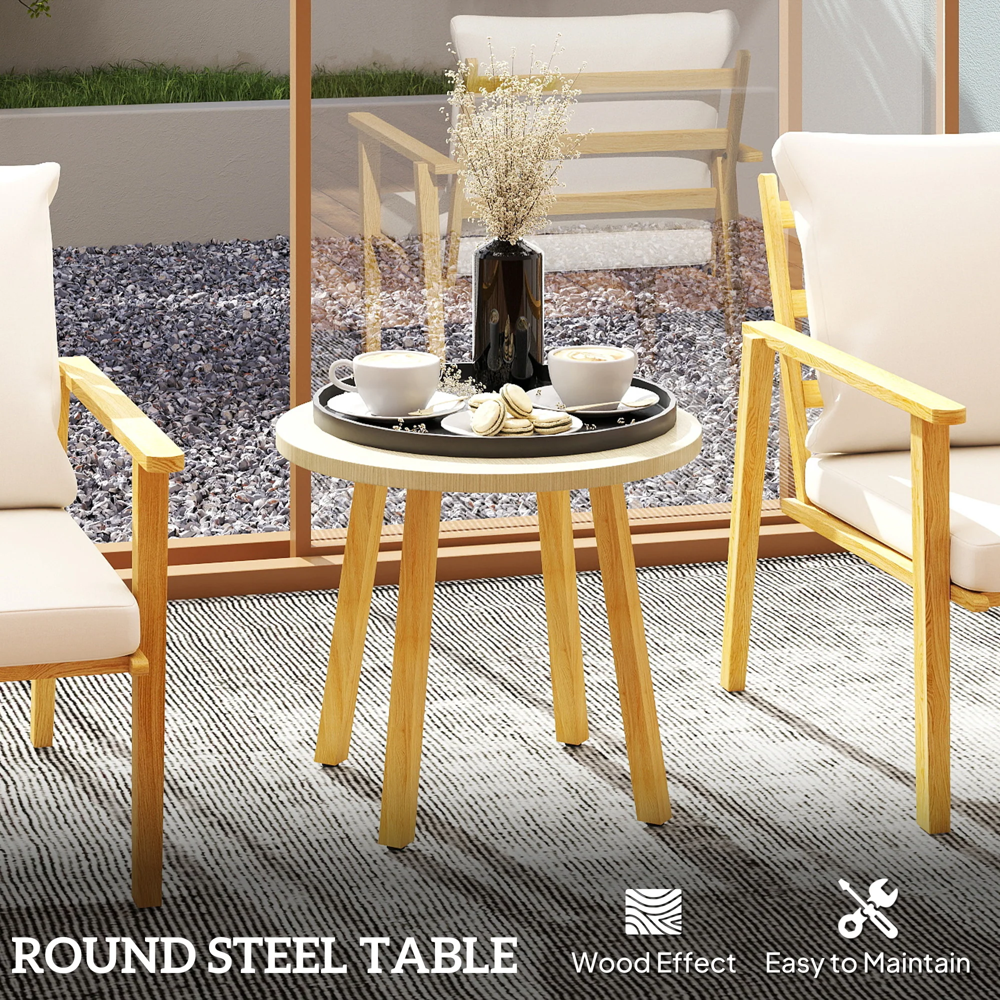 Outdoor Conversation Set, 3-Piece Wood-Look Table & Chairs, Deep Seat with Cushions, Cream White - Image 10