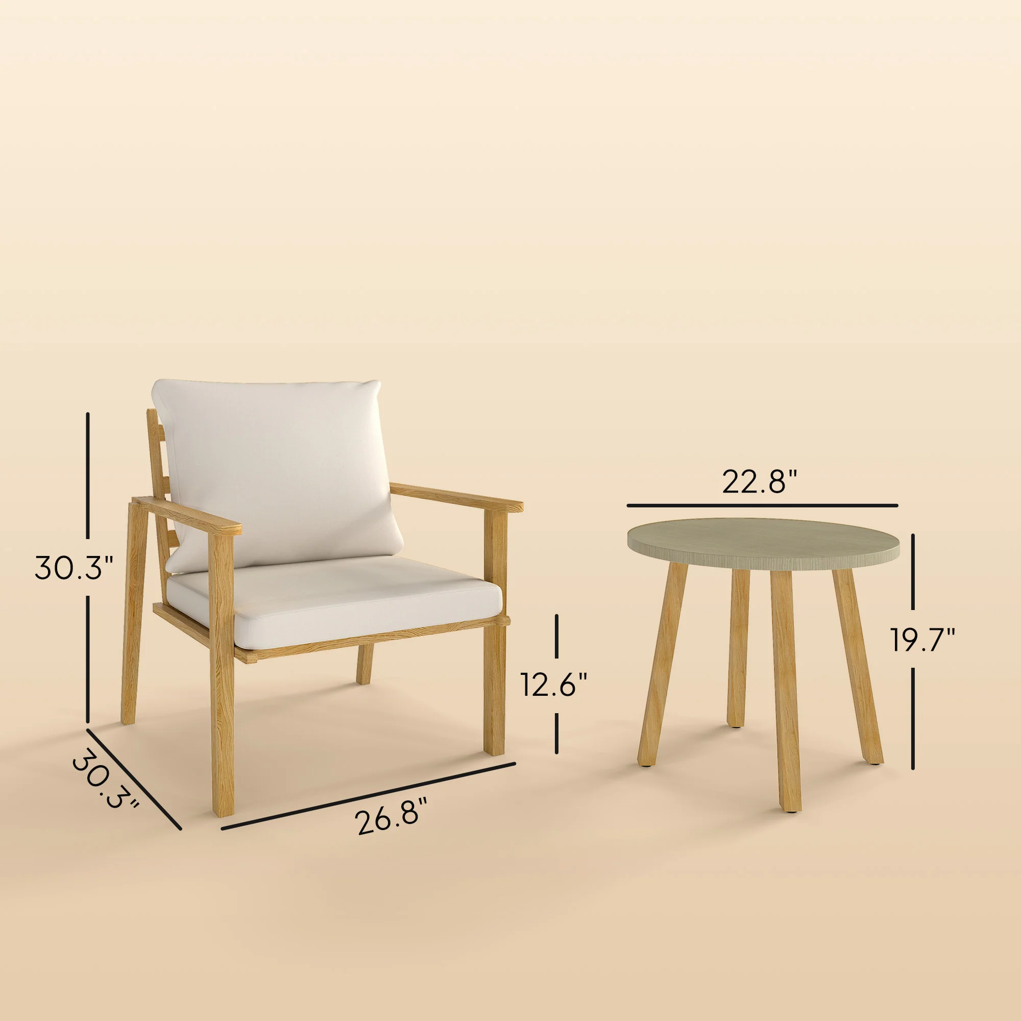 Outdoor Conversation Set, 3-Piece Wood-Look Table & Chairs, Deep Seat with Cushions, Cream White - Image 5