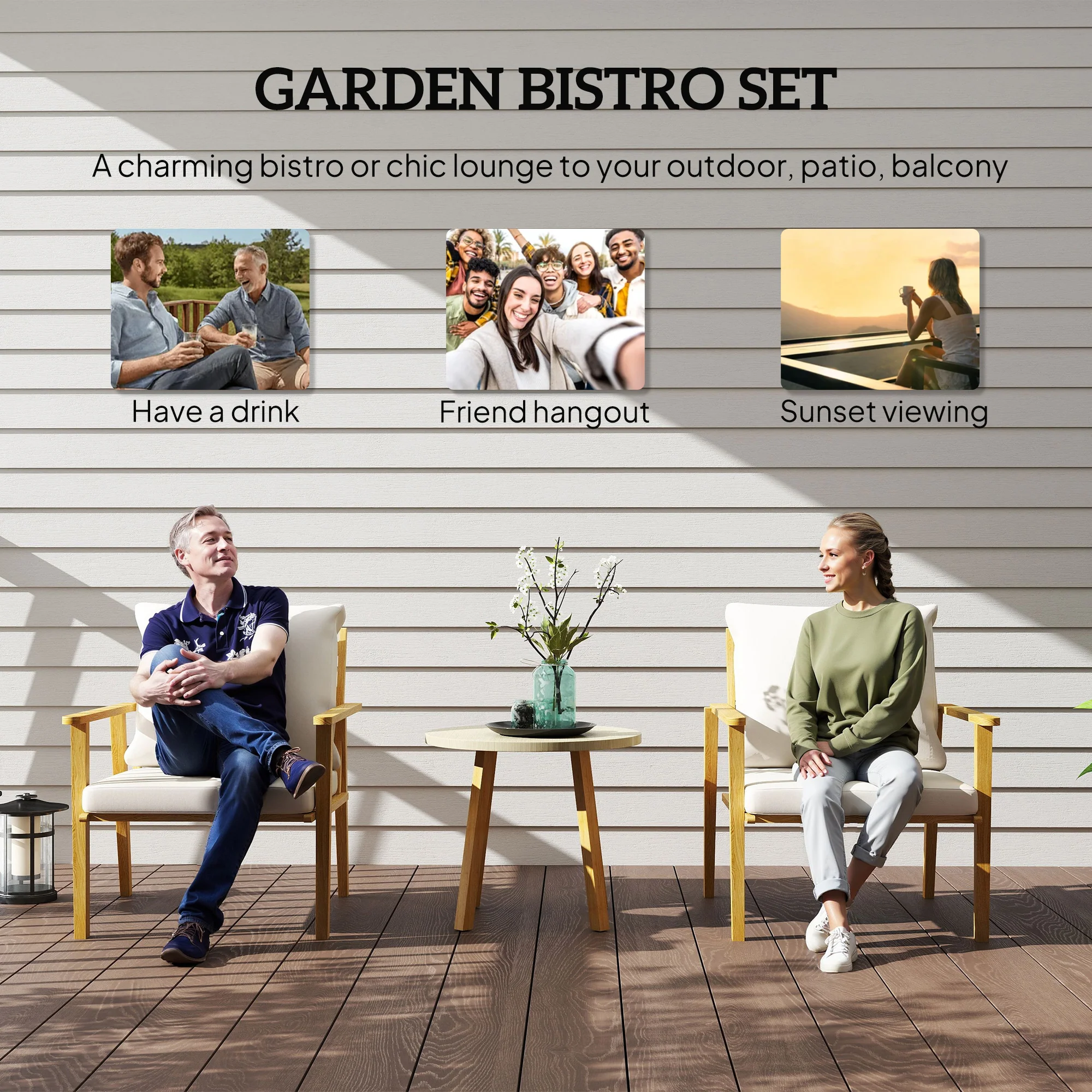 Outdoor Conversation Set, 3-Piece Wood-Look Table & Chairs, Deep Seat with Cushions, Cream White - Image 6