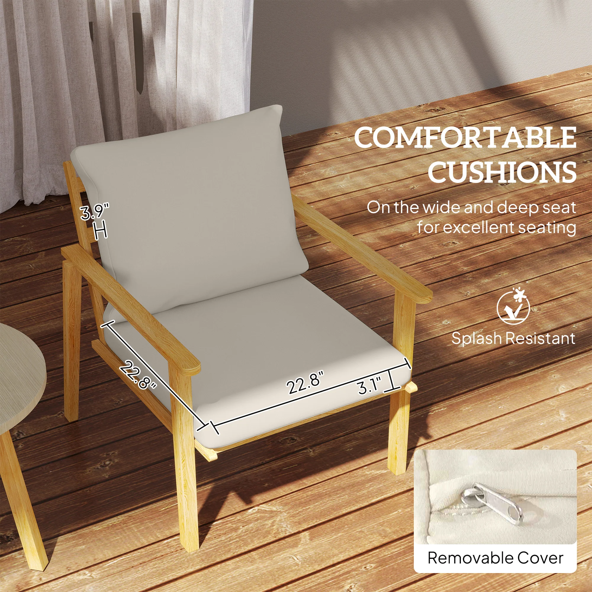 Outdoor Conversation Set, 3-Piece Wood-Look Table & Chairs, Deep Seat with Cushions, Cream White - Image 8