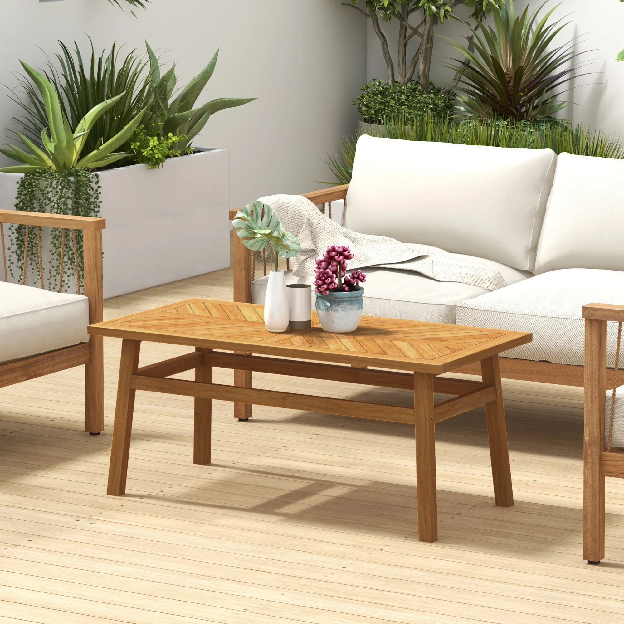 Rustic Acacia Wood Outdoor Coffee Table, Natural Finish for Patio & Deck - Image 4