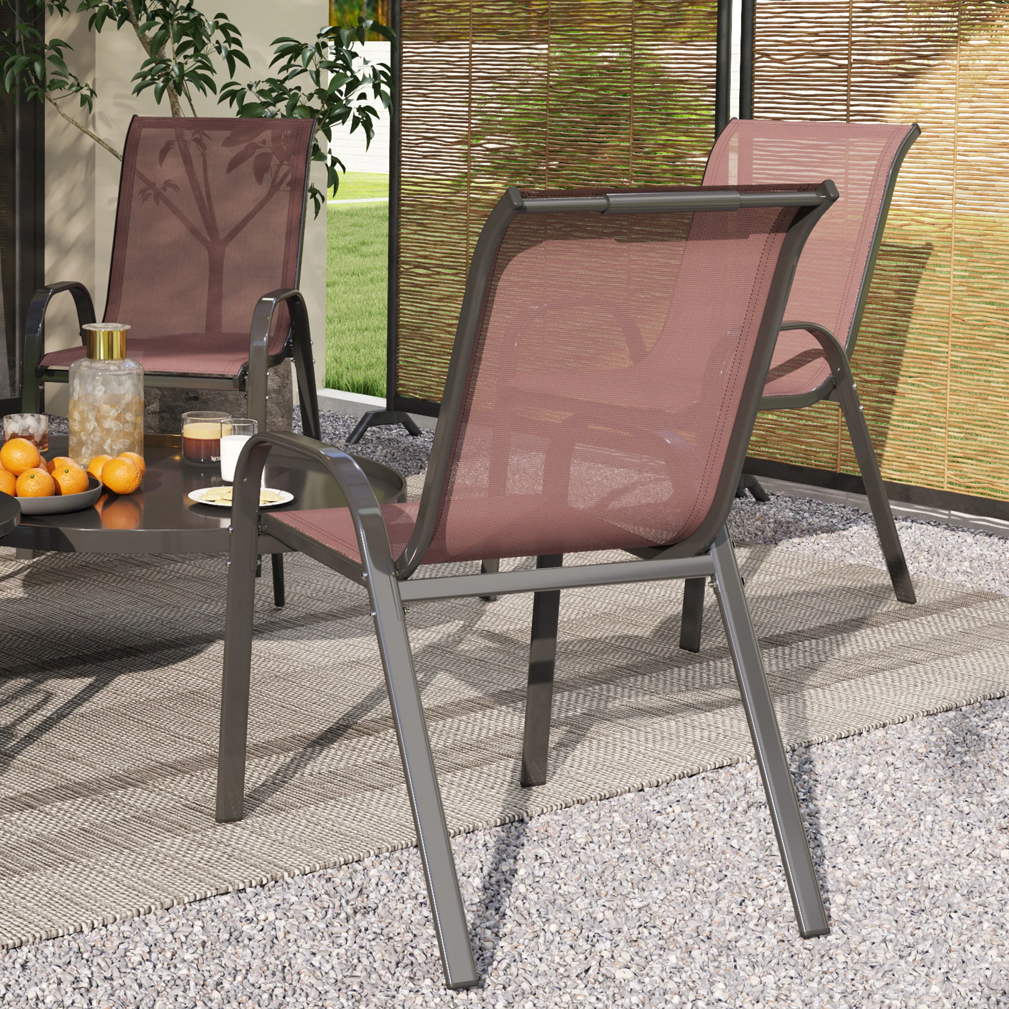 4 Stackable Patio Chairs with High Back, Breathable Mesh, Brown - Image 11
