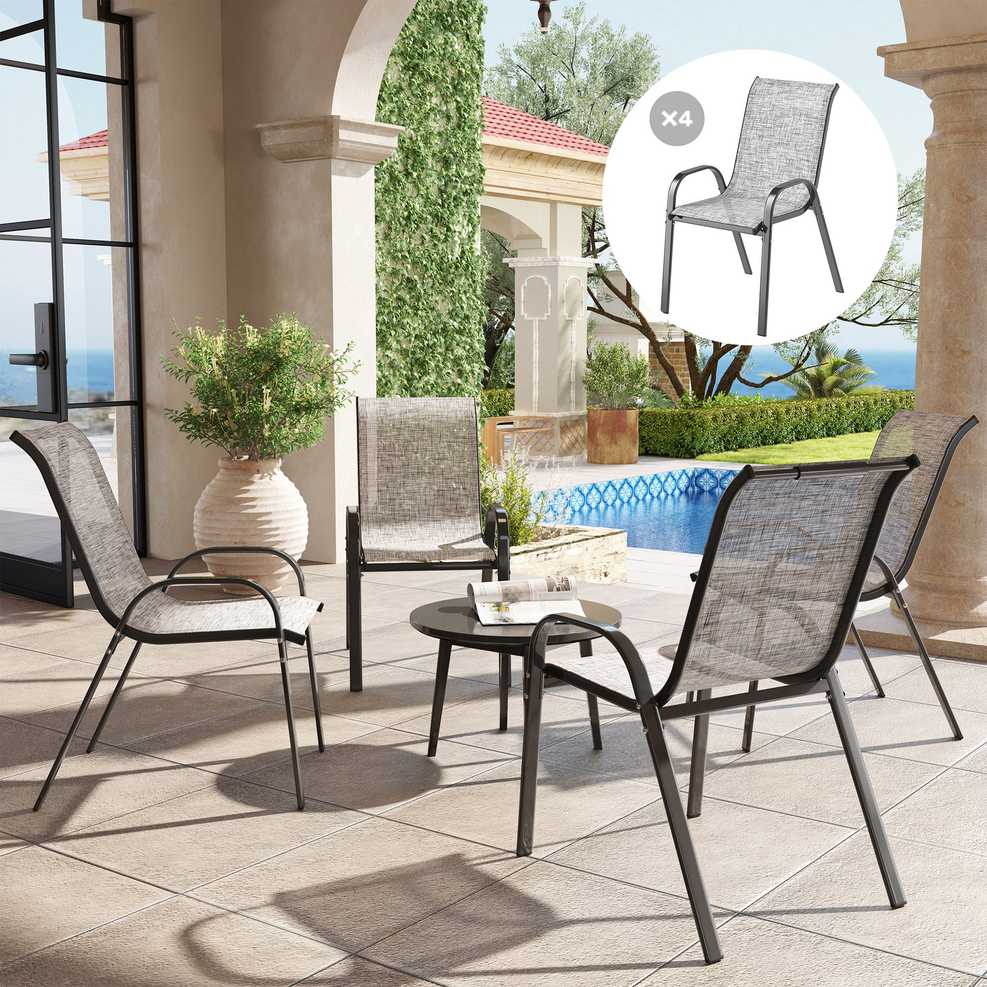 4 Stackable Patio Chairs with High Back, Breathable Mesh, Mixed Gray - Image 3