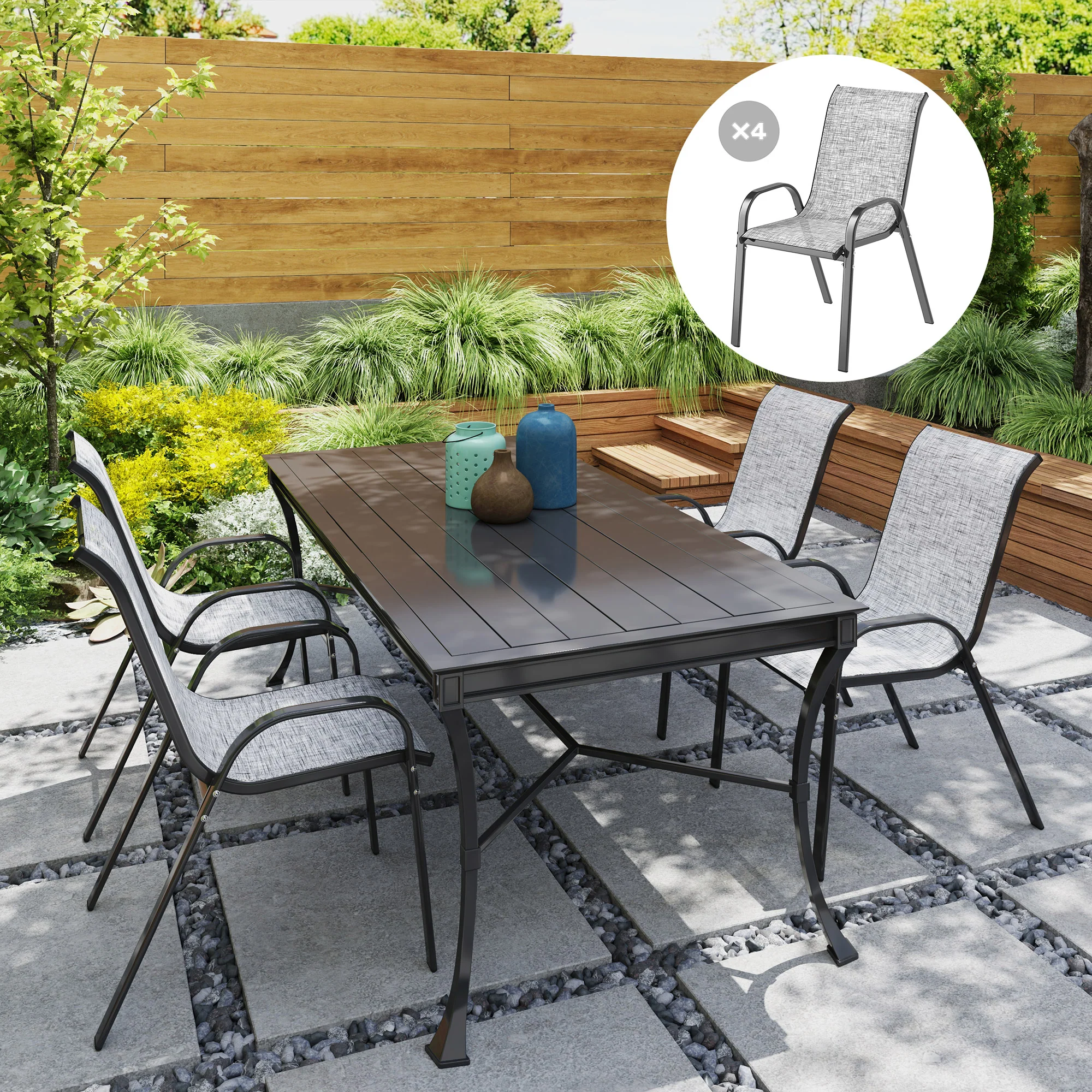 4 Stackable Patio Chairs with High Back, Breathable Mesh, Mixed Gray - Image 4