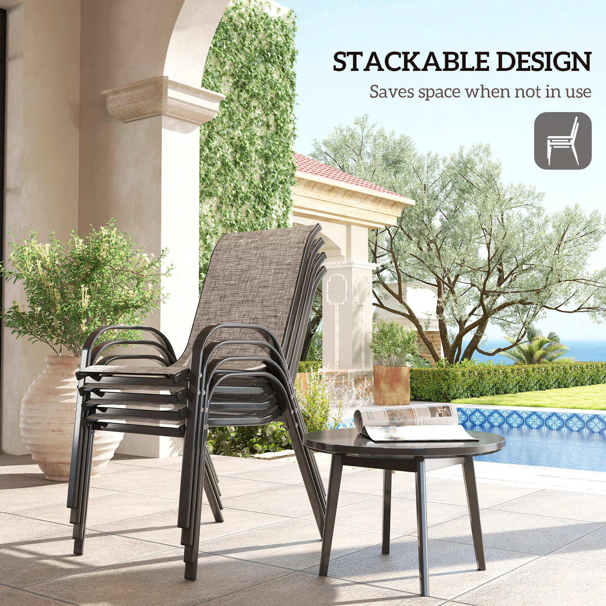 4 Stackable Patio Chairs with High Back, Breathable Mesh, Mixed Gray - Image 6