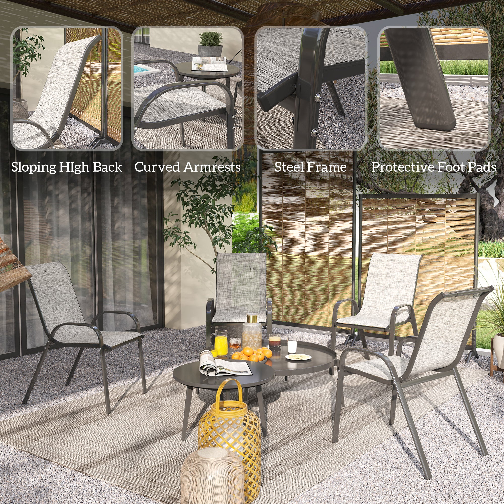 4 Stackable Patio Chairs with High Back, Breathable Mesh, Mixed Gray - Image 8