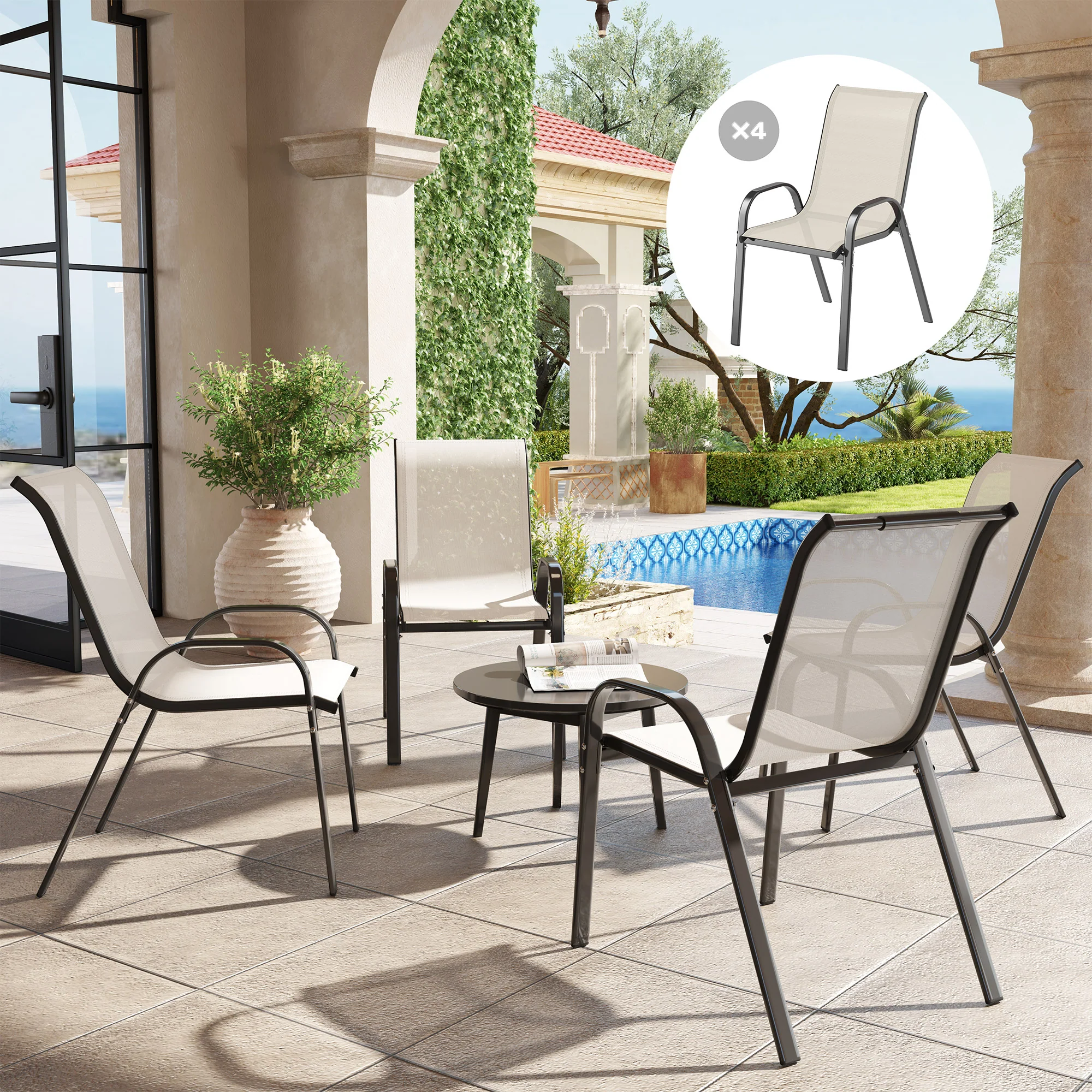 4 Stackable Patio Chairs with High Back, Breathable Mesh, Beige - Image 3