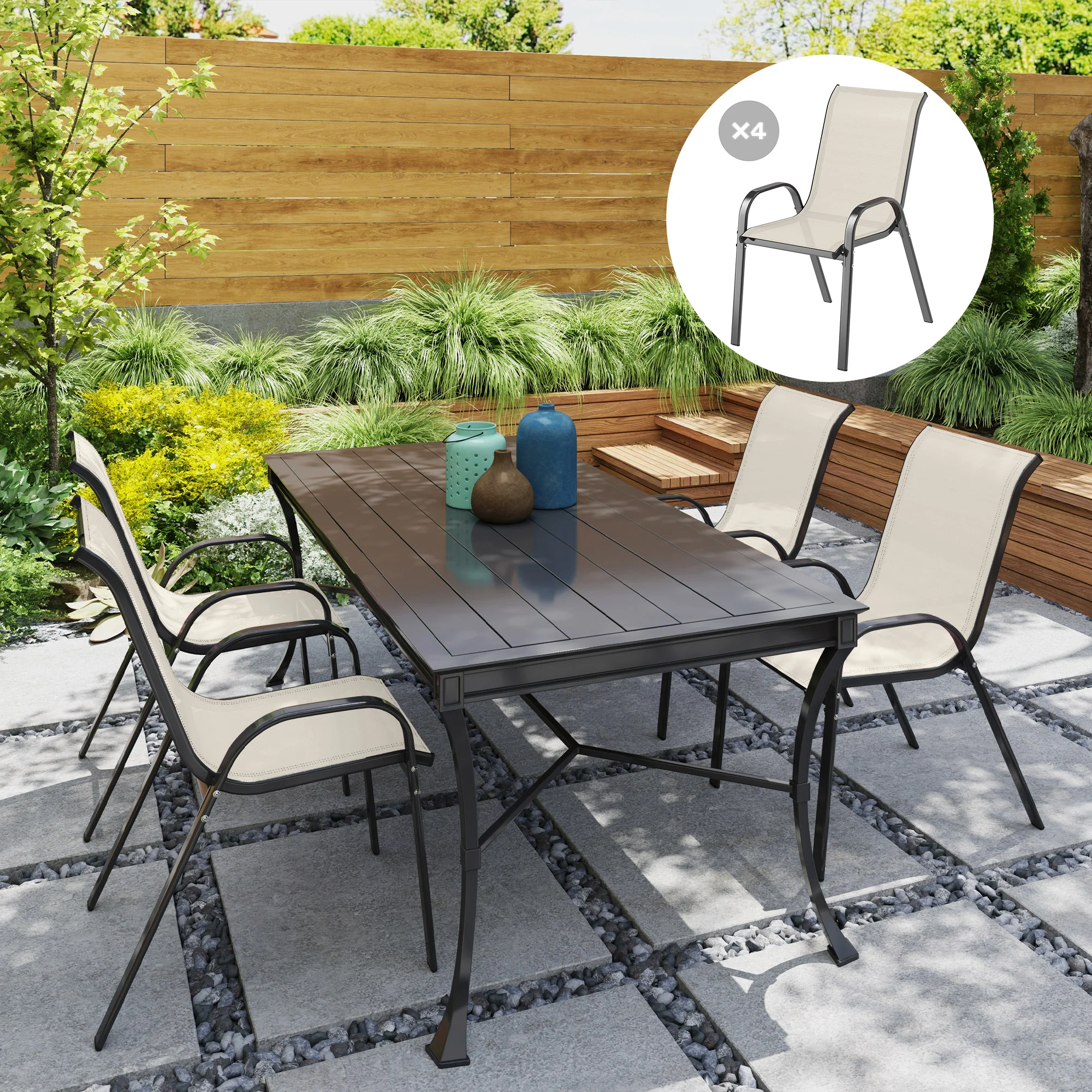 4 Stackable Patio Chairs with High Back, Breathable Mesh, Beige - Image 4