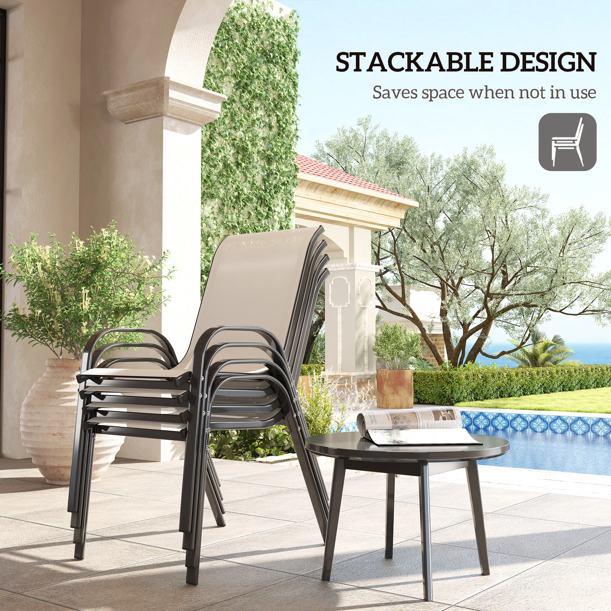 4 Stackable Patio Chairs with High Back, Breathable Mesh, Beige - Image 6