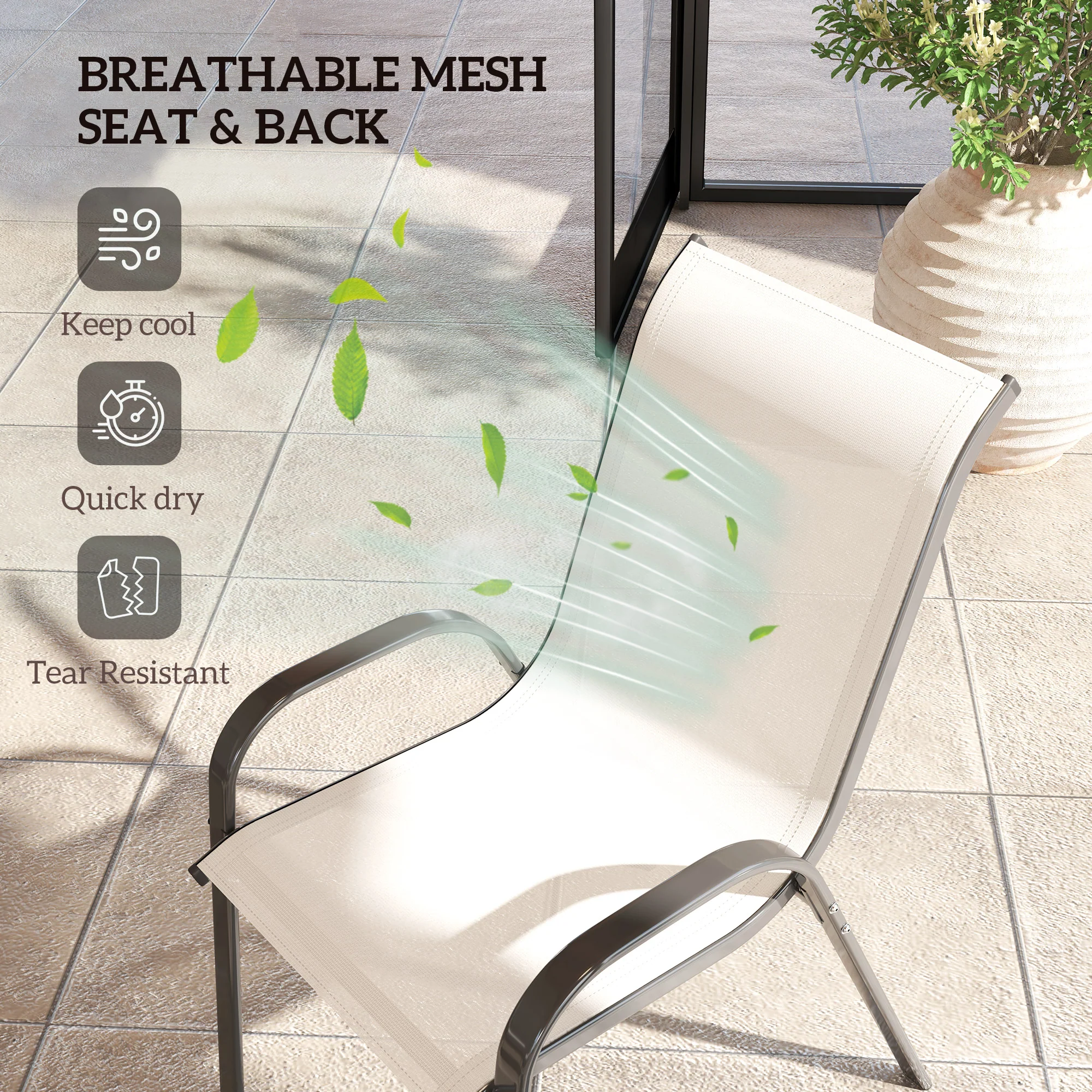 4 Stackable Patio Chairs with High Back, Breathable Mesh, Beige - Image 7