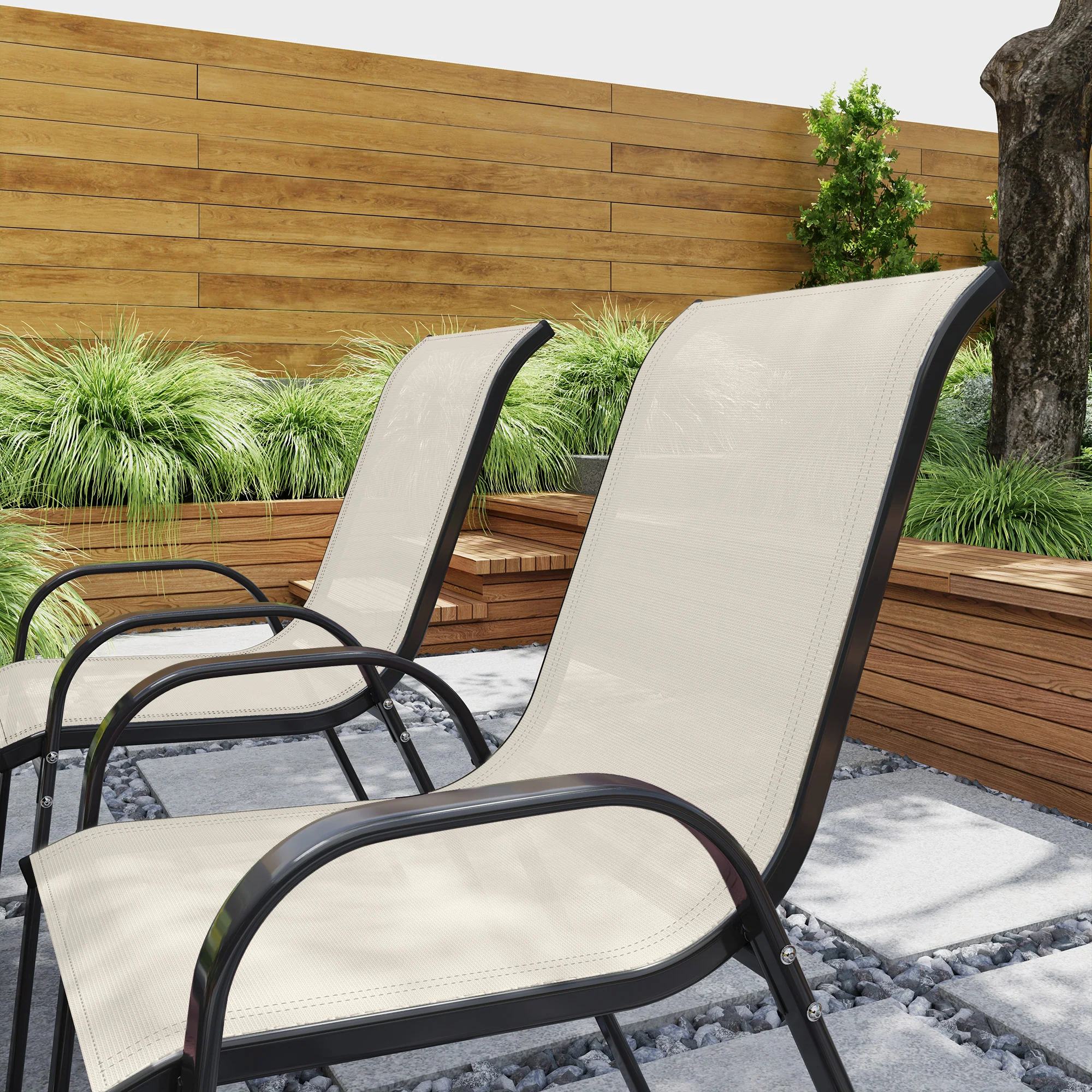 4 Stackable Patio Chairs with High Back, Breathable Mesh, Beige - Image 9