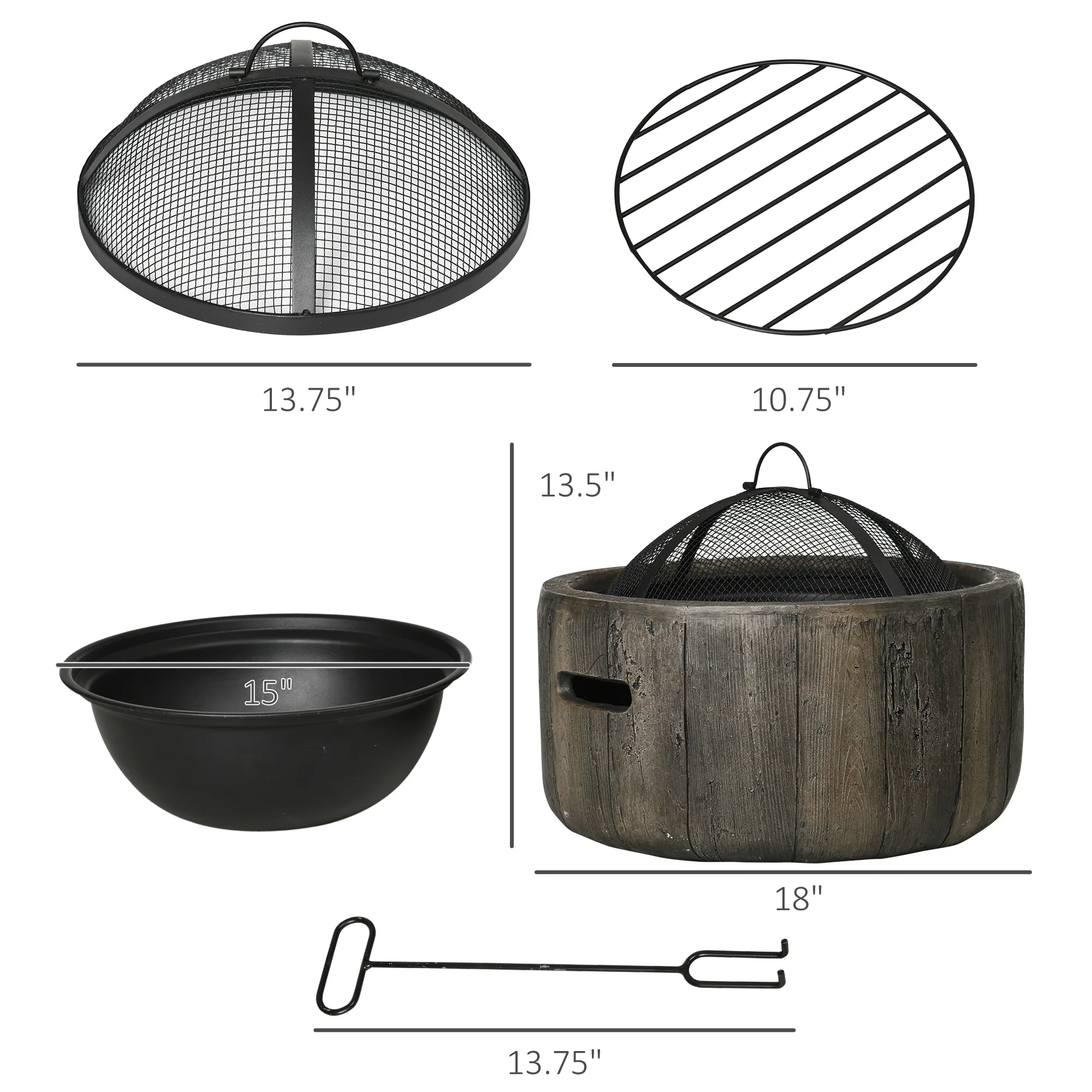 18 Inch Metal Wood Burning Fire Pit with Spark Cover, Poker & Woodgrain Design, Dark Brown - Image 5