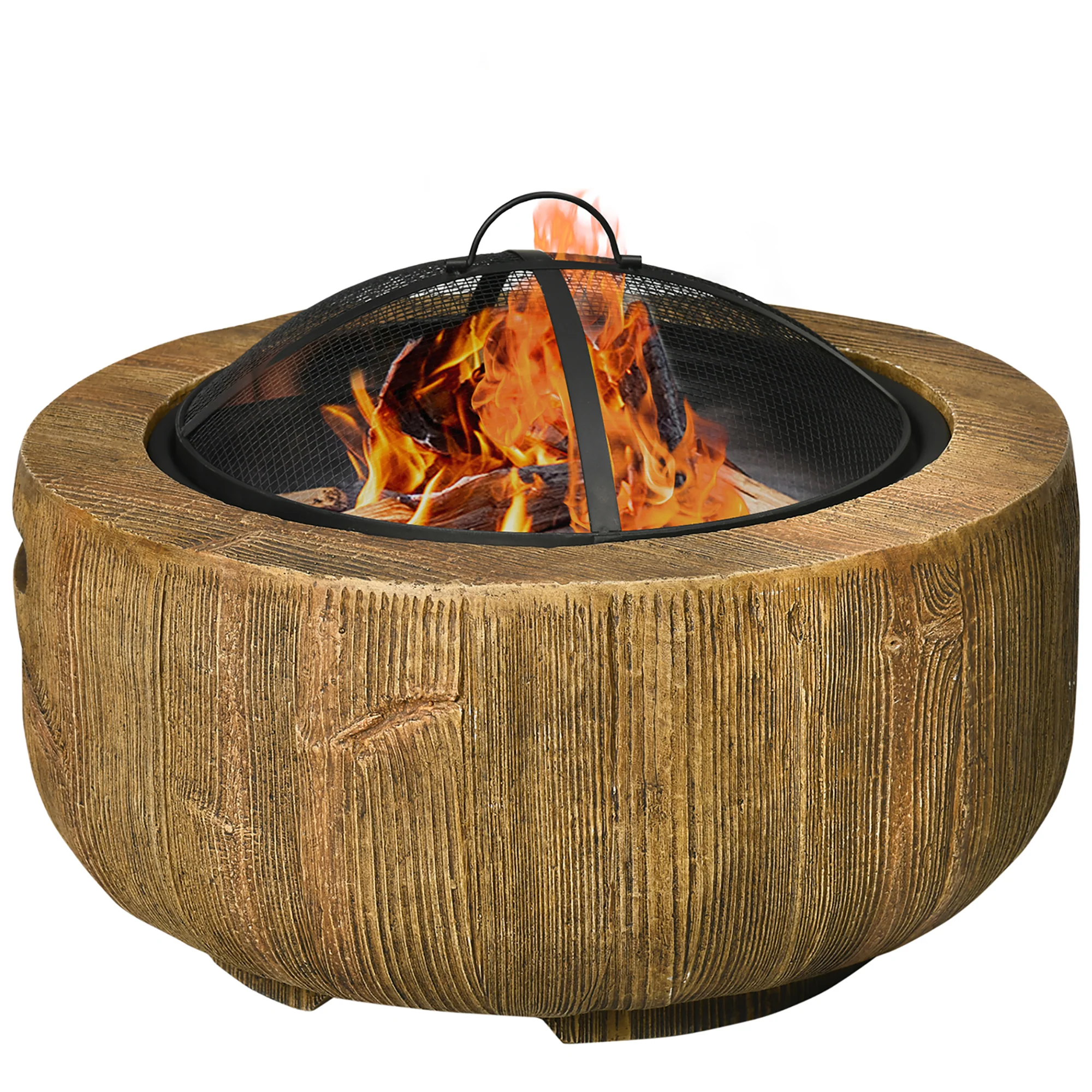 24 Inch Metal Wood Burning Fire Pit with Spark Cover, Woodgrain Design, Light Brown