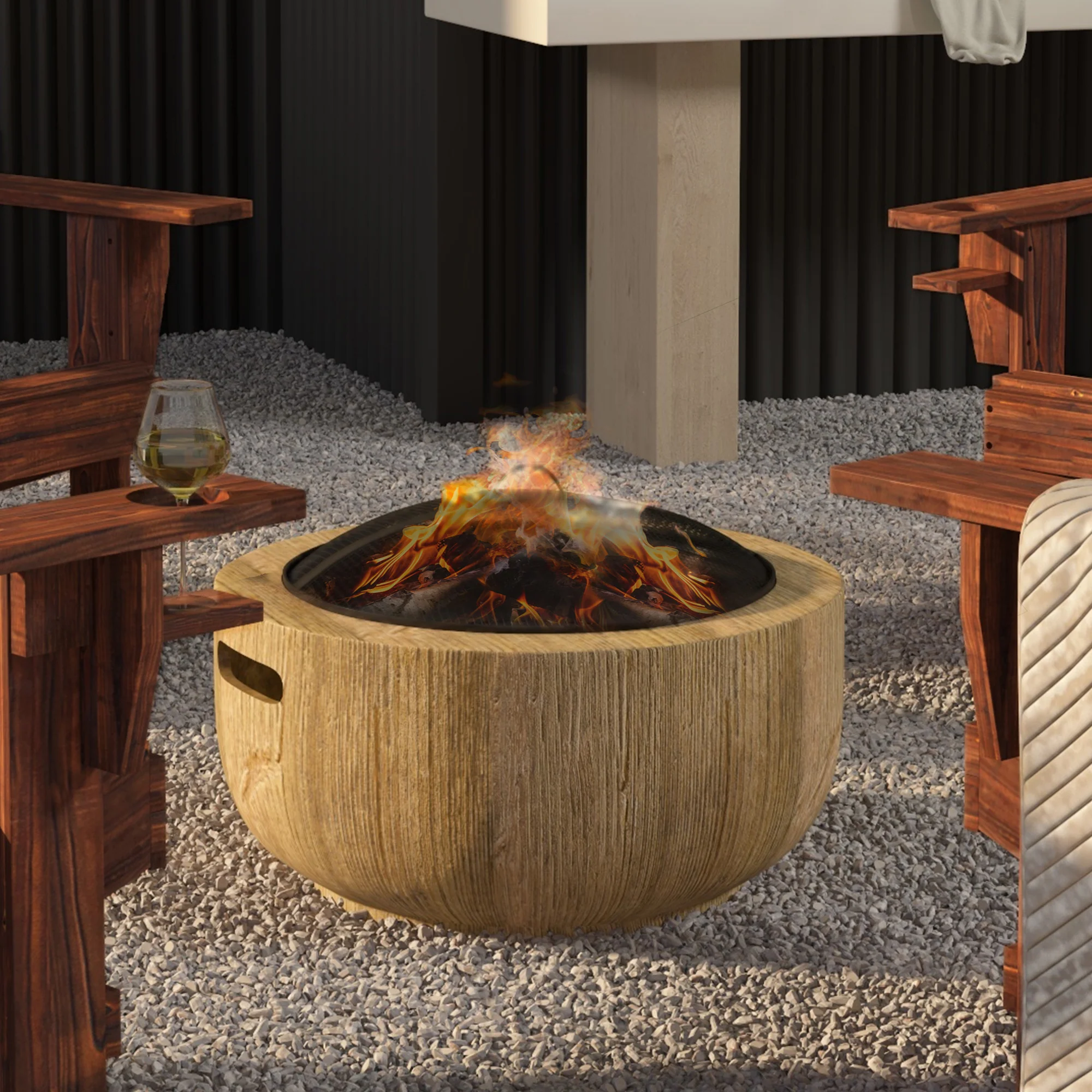 24 Inch Metal Wood Burning Fire Pit with Spark Cover, Woodgrain Design, Light Brown - Image 11