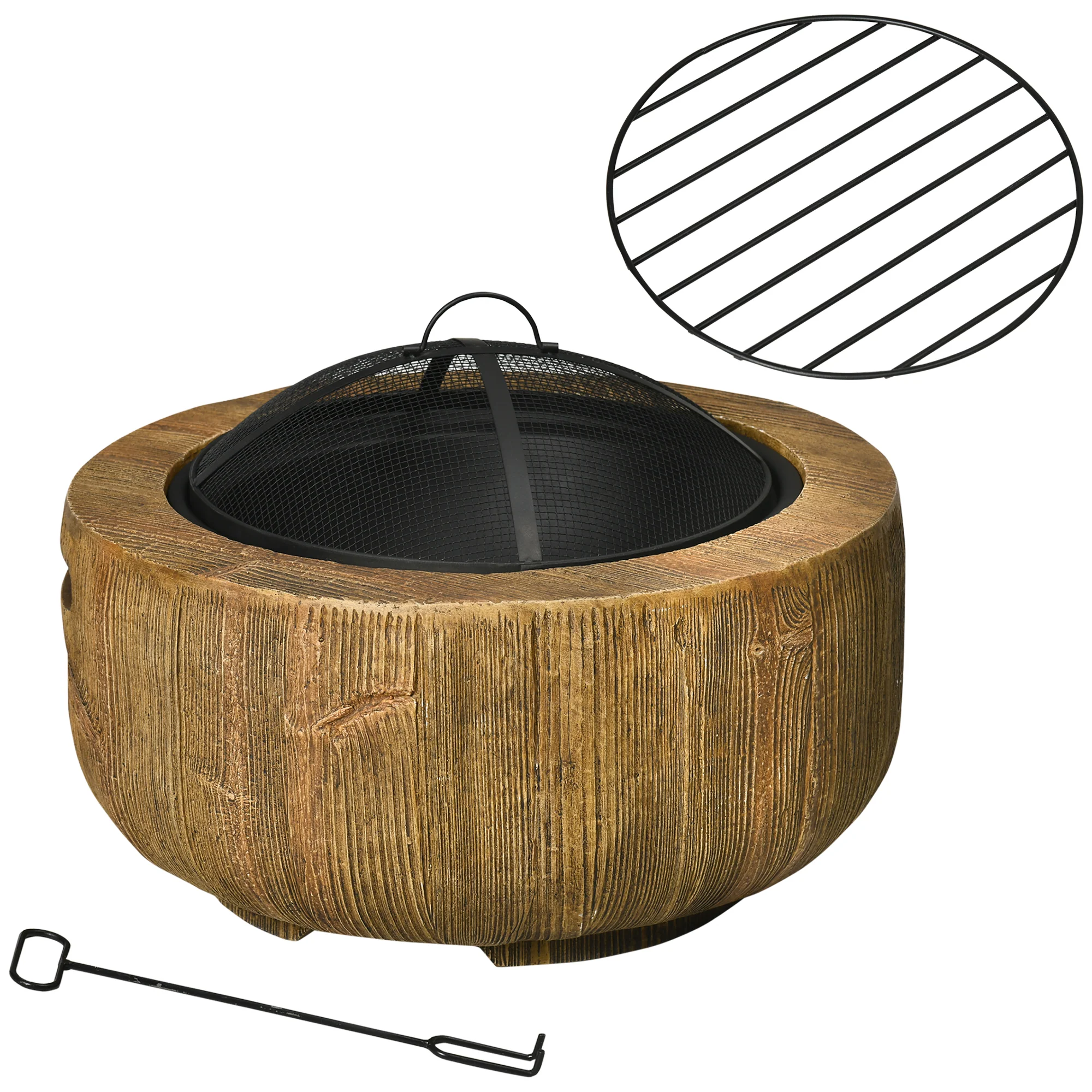 24 Inch Metal Wood Burning Fire Pit with Spark Cover, Woodgrain Design, Light Brown - Image 12