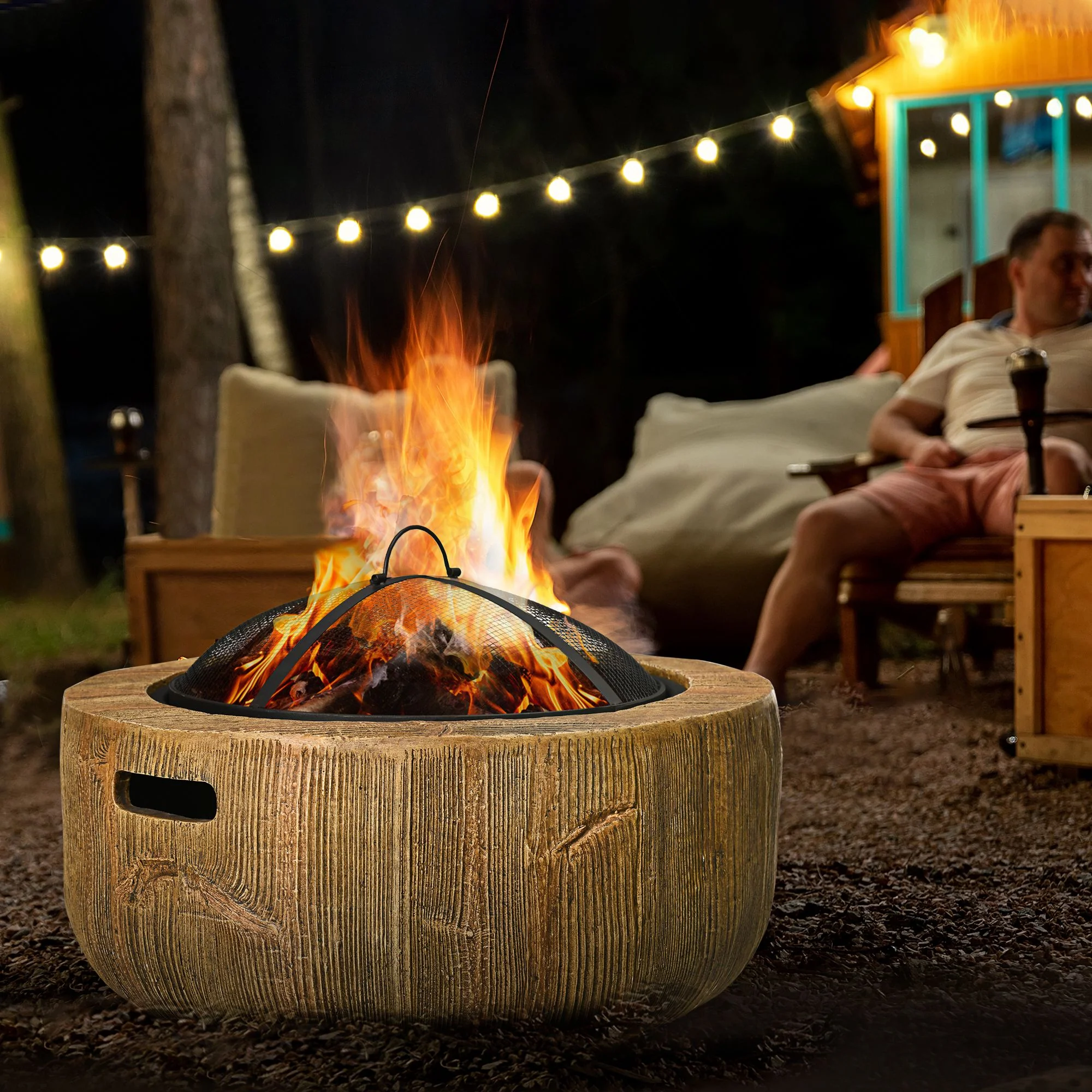 24 Inch Metal Wood Burning Fire Pit with Spark Cover, Woodgrain Design, Light Brown - Image 3