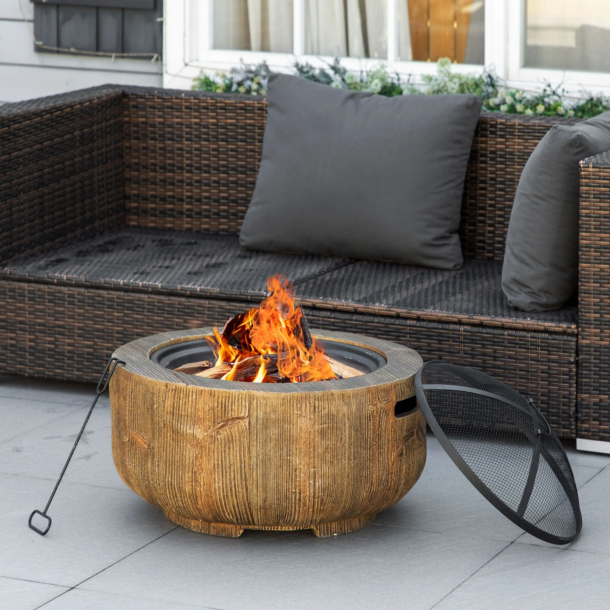 24 Inch Metal Wood Burning Fire Pit with Spark Cover, Woodgrain Design, Light Brown - Image 4