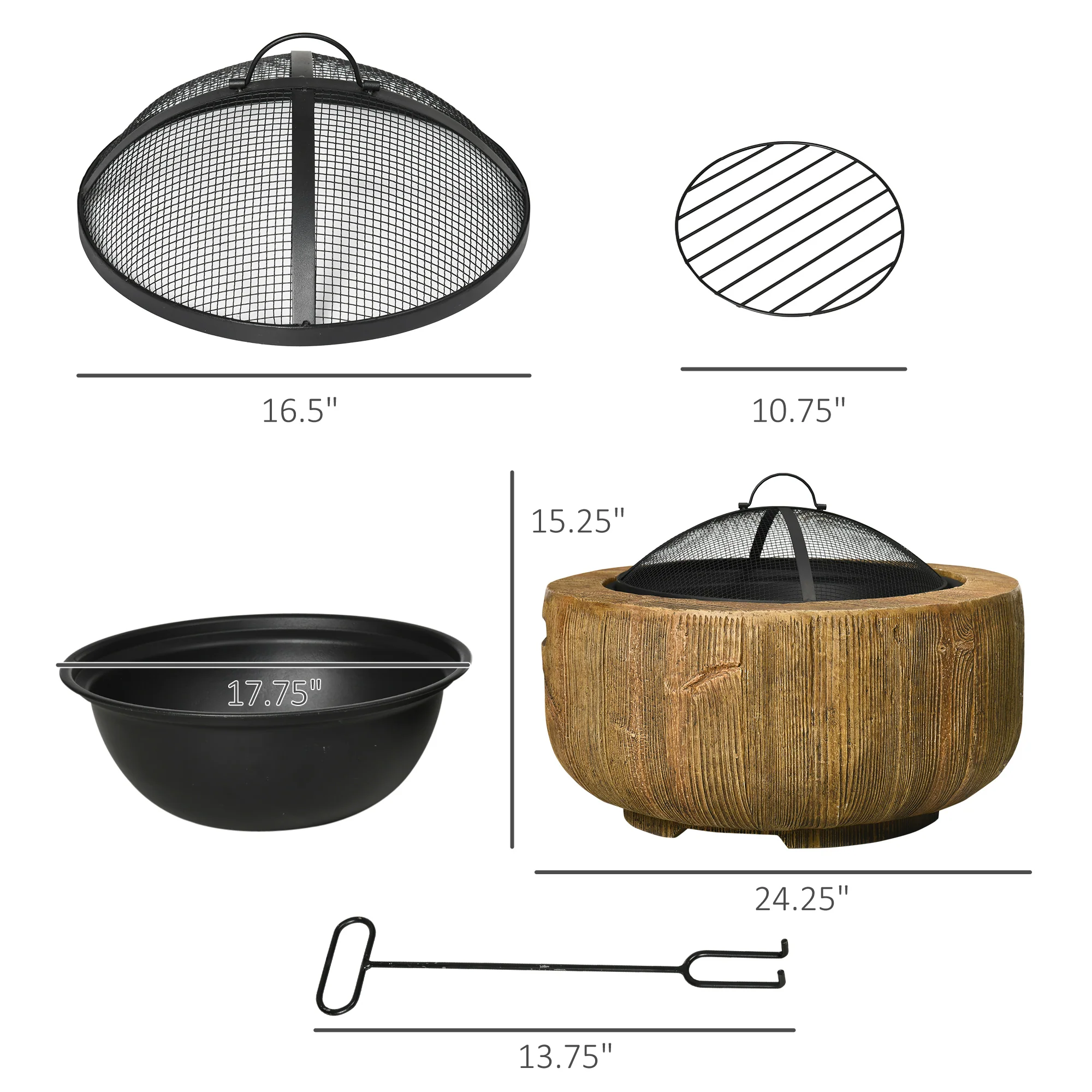 24 Inch Metal Wood Burning Fire Pit with Spark Cover, Woodgrain Design, Light Brown - Image 5