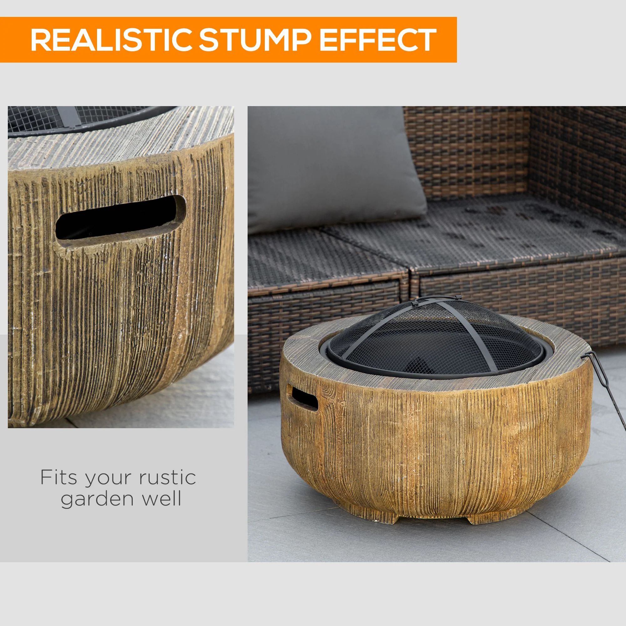 24 Inch Metal Wood Burning Fire Pit with Spark Cover, Woodgrain Design, Light Brown - Image 6