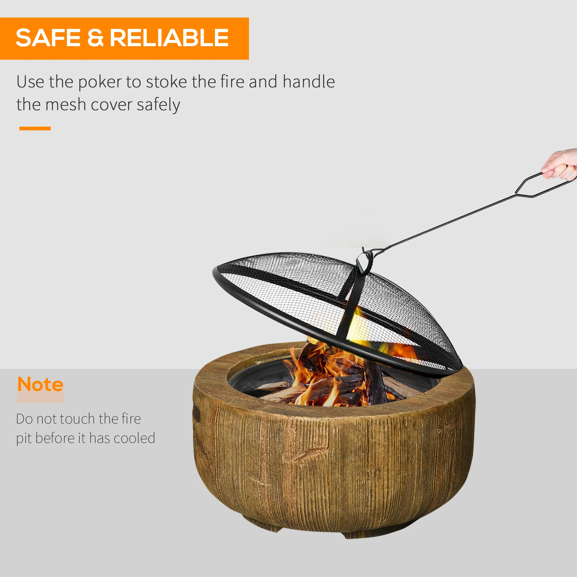 24 Inch Metal Wood Burning Fire Pit with Spark Cover, Woodgrain Design, Light Brown - Image 7