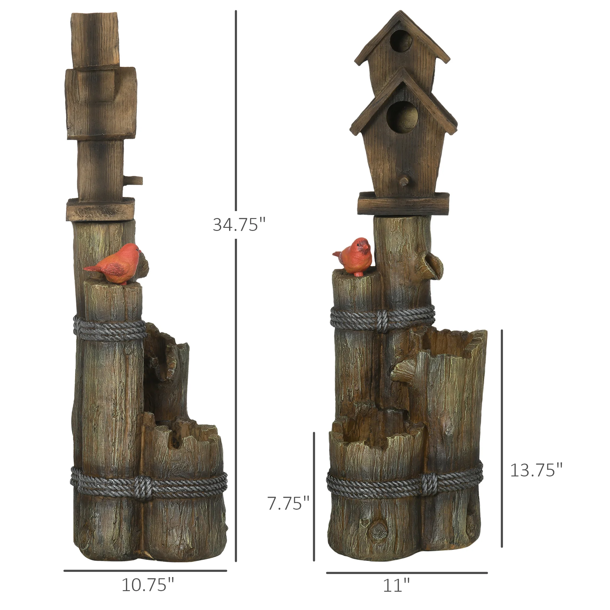 3-Tier Rustic Tree Trunk Fountain with Cascading Waterfall, LED Lights & Birdhouse in Brown - Image 5