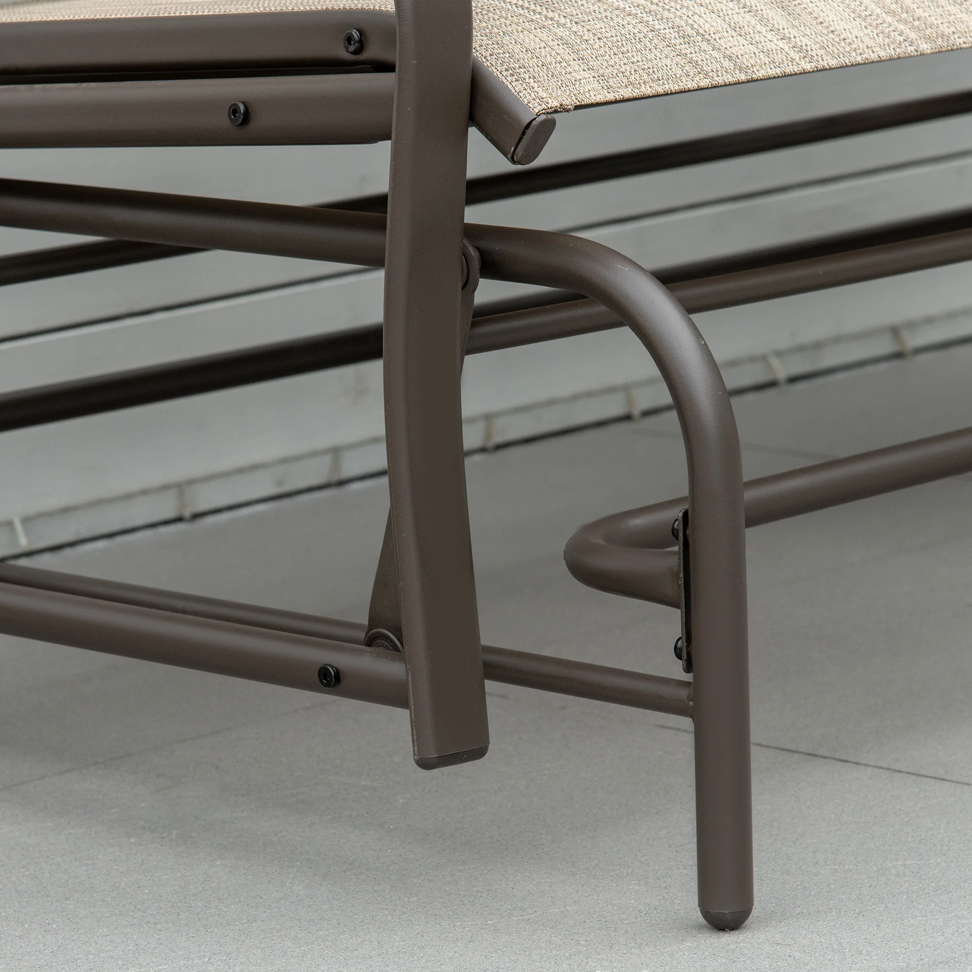 2-Seat Metal Frame Outdoor Glider Bench with Breathable Mesh, Armrests & Center Table, Brown - Image 10