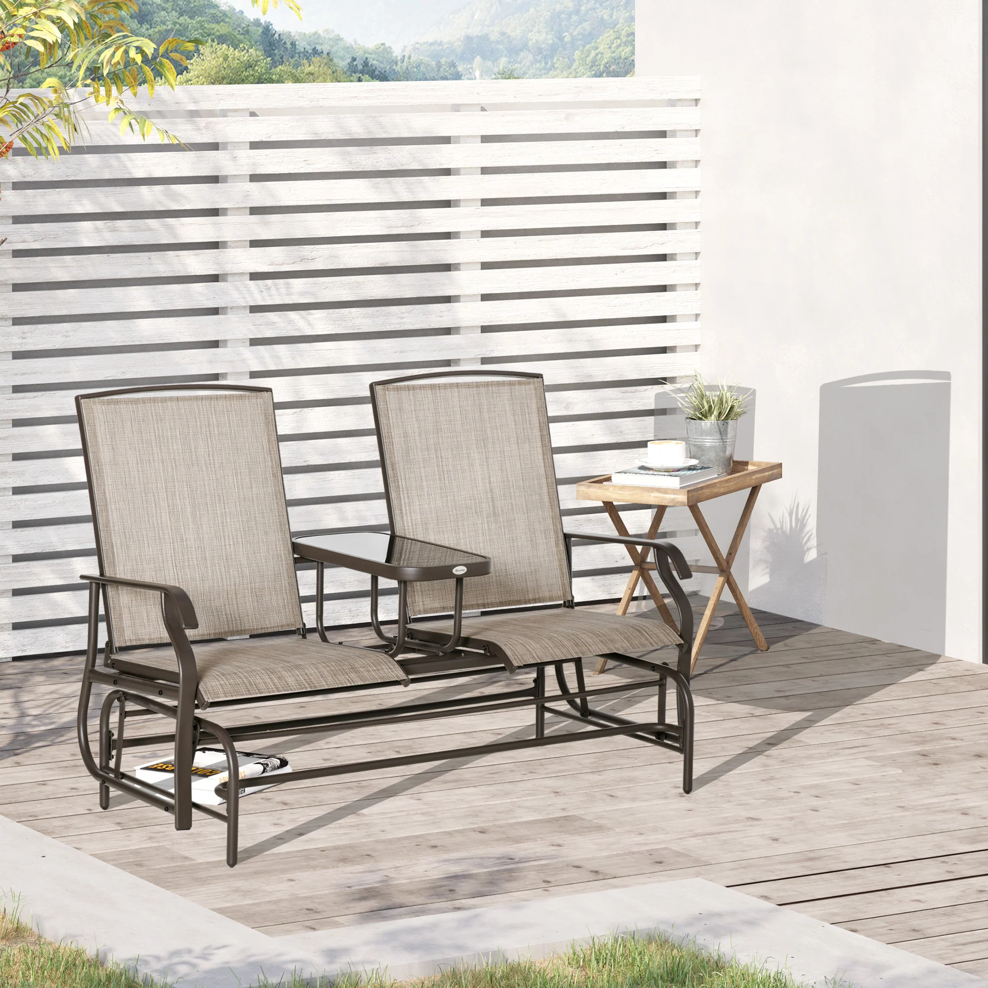 2-Seat Metal Frame Outdoor Glider Bench with Breathable Mesh, Armrests & Center Table, Brown - Image 4